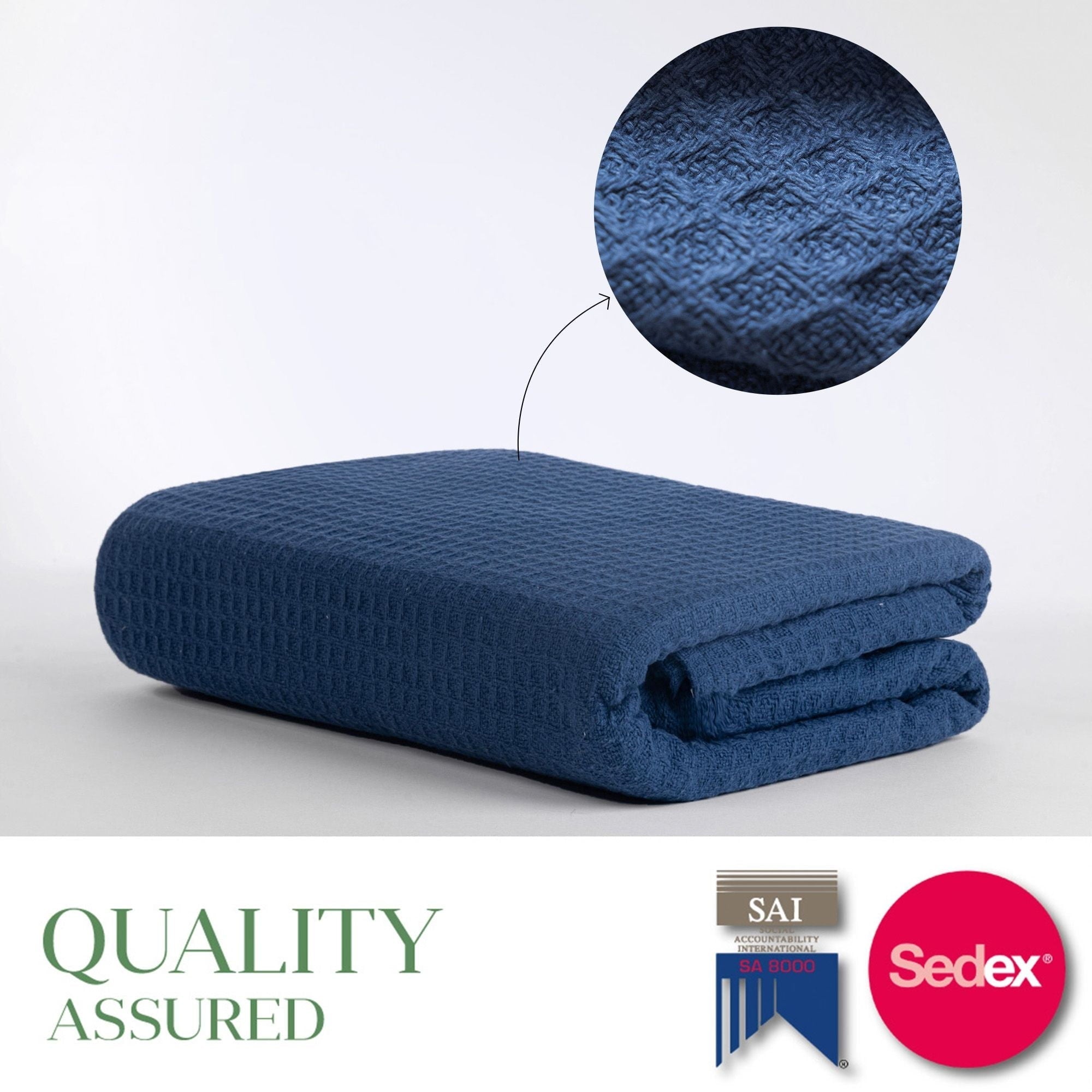 Twin Waffle Throw Blanket for Couch (68" x 92"), 100% Cotton Throw Blankets for Bed, Waffle Blanket for Bed (Navy)