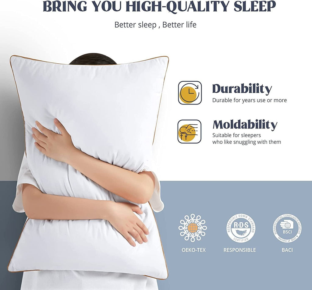 Down Feather Pillows for Bed 20 x 30 Inches Queen Size Set of 2, Medium Firm Luxury Cooling Hotel Collection Feather ...