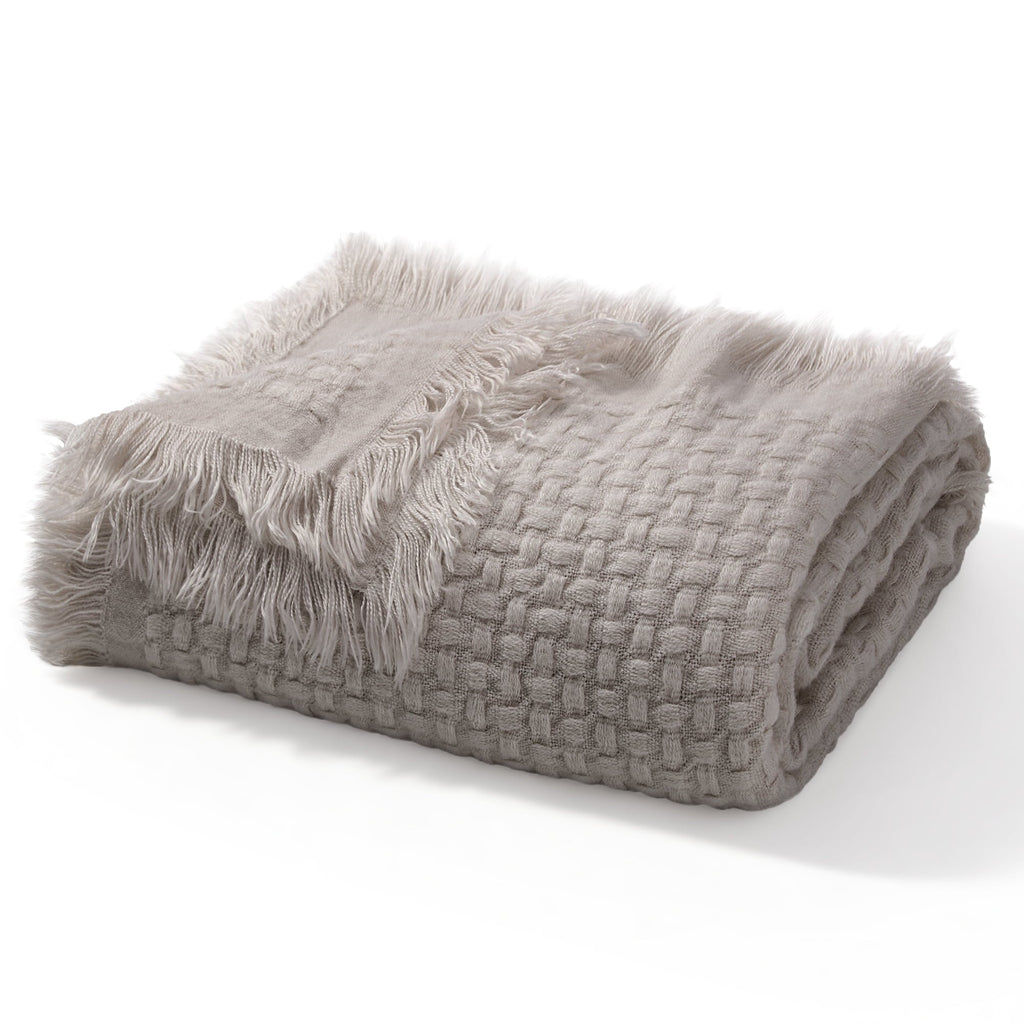 Knitted Throw Blanket with Fringes for Couch, Soft and Warm Textured Throw for All Season, Lightweight Breathable Roo...