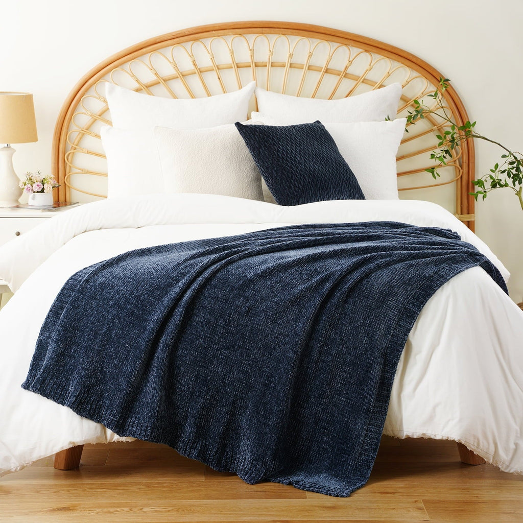 Navy Blue Chenille Throw for Couch Bed,Soft Navy Knit Blanket, Housewarming Gifts, 51"x 67"