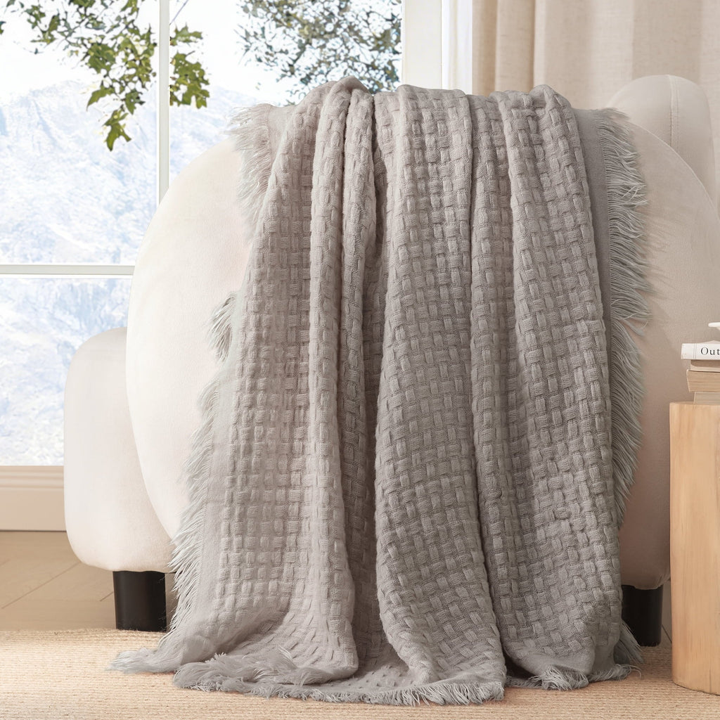 Knitted Throw Blanket with Fringes for Couch, Soft and Warm Textured Throw for All Season, Lightweight Breathable Roo...