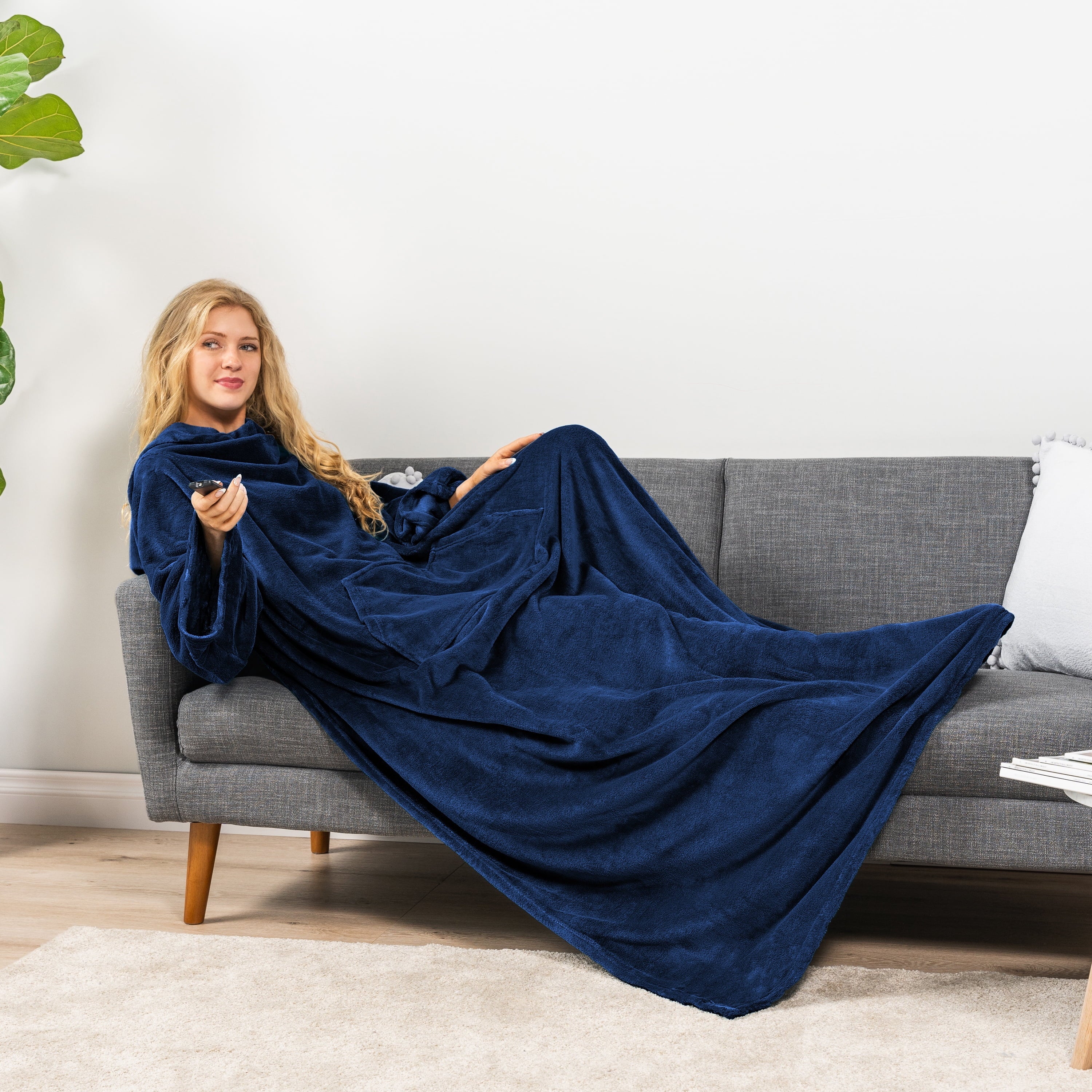 Navy Blue Fleece Wearable Blanket with Sleeves for Adults Women Men, Soft Warm Full Body Wrap Throw, Sweatshirt Pocke...