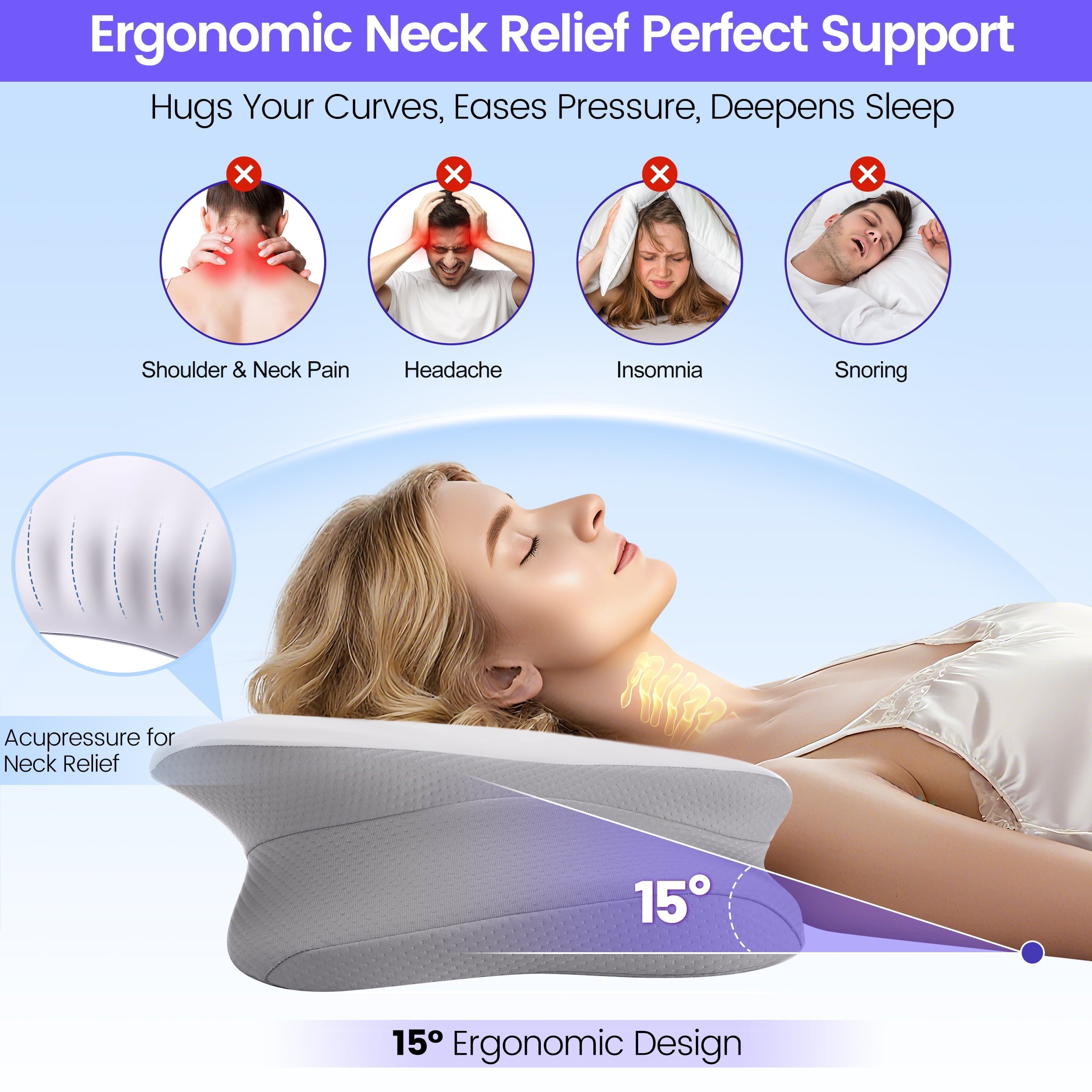 Ergonomic Cervical Pillows，Memory Foam Bed Pillow for Neck & Shoulder Pain Relief for Side Back Stomach Sleepers White