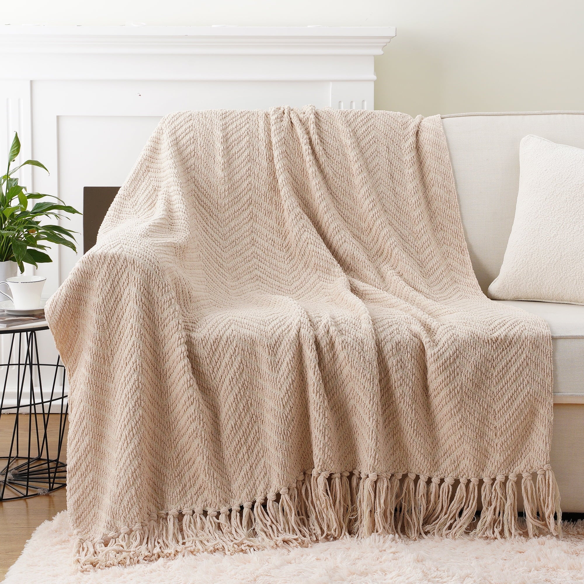 Beige Throw Blanket,Textured Knitted Tan Throws with Tassels,Neutral Sofa Bed Throws,50"x60"