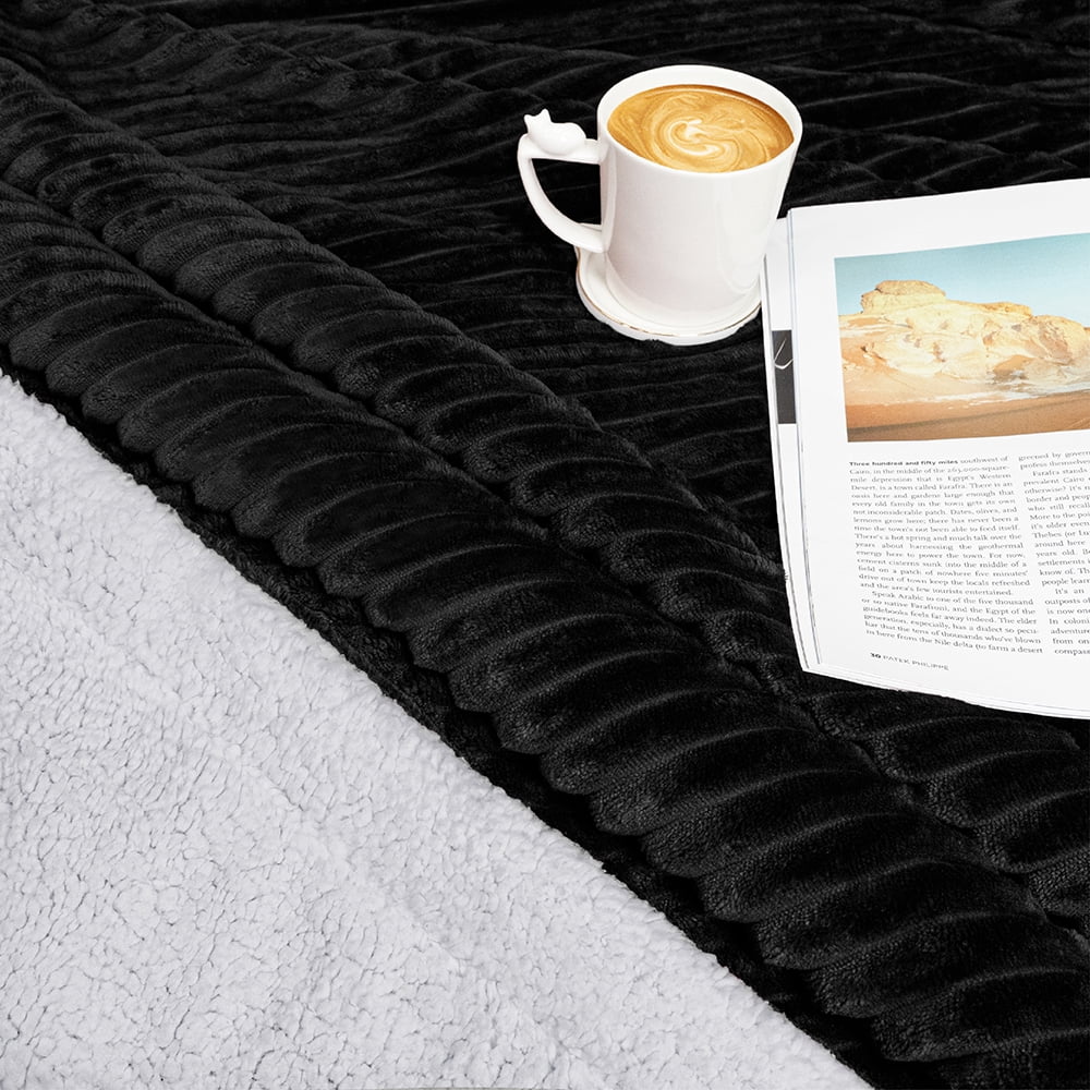 Reversible Sherpa Fleece Throw Blanket Black, Plush Flannel Throw, Ultra Soft Warm Ribbed Microfiber Blanket for Sofa...
