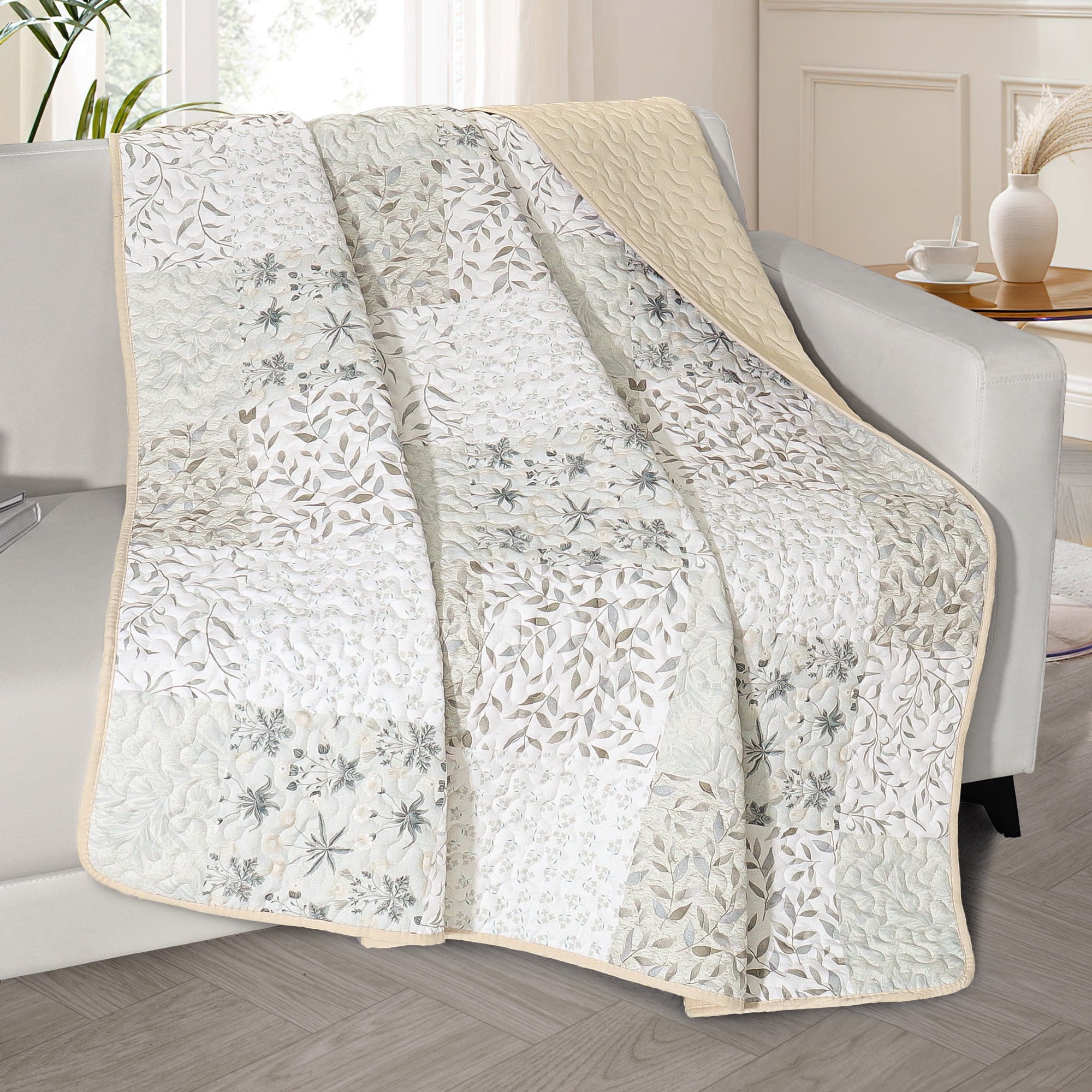 Microfiber Boho Patchwork Pattern Quilted Throw Blanket for Bed/Couch/Sofa, Soft and Lightweight (50"x 60", Grey)