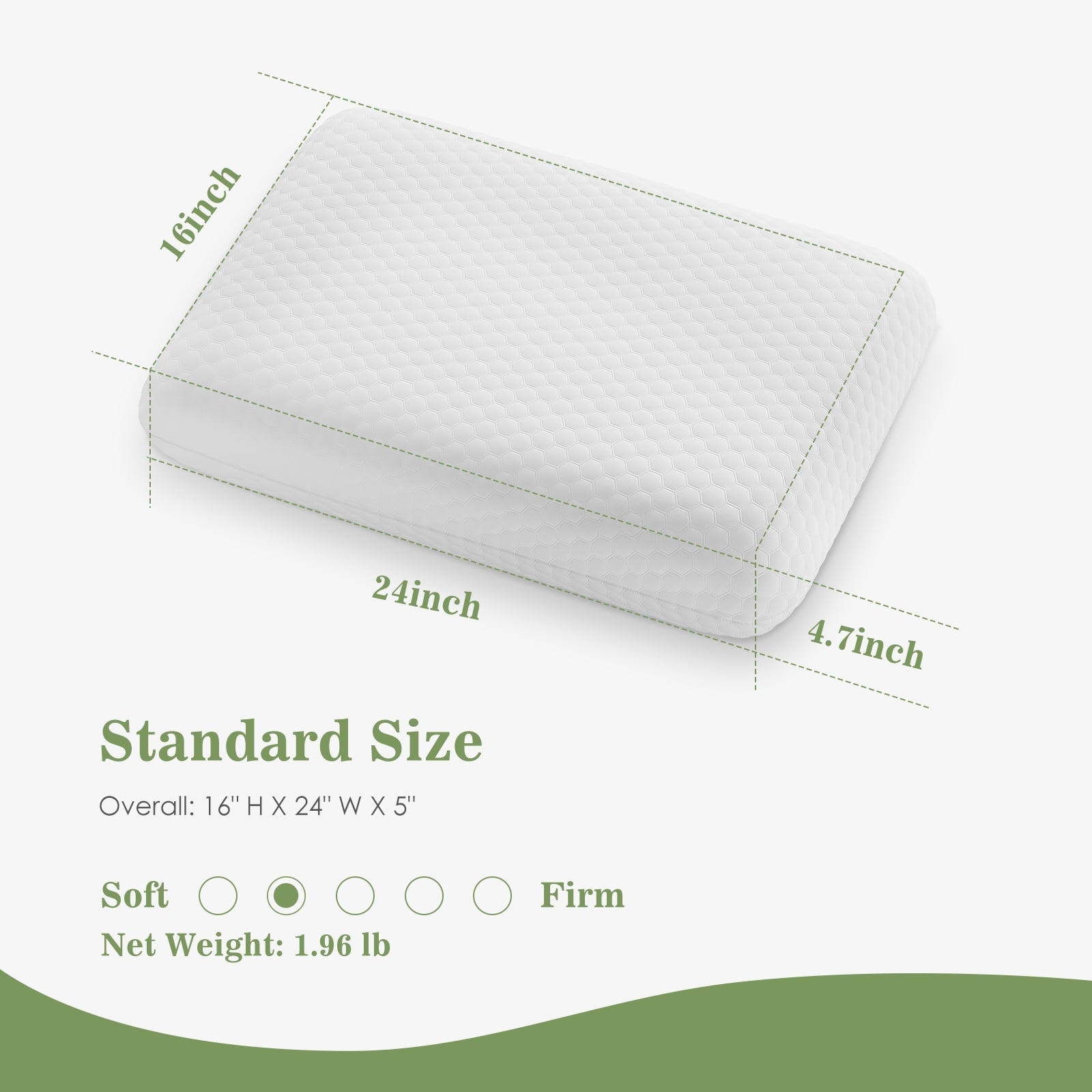 Memory Foam Pillow for Sleeping, 24"D x 16"W x 4.7"H, Soft Supportive Hotel Pillow for Bed, Washable Cover, Set of 2