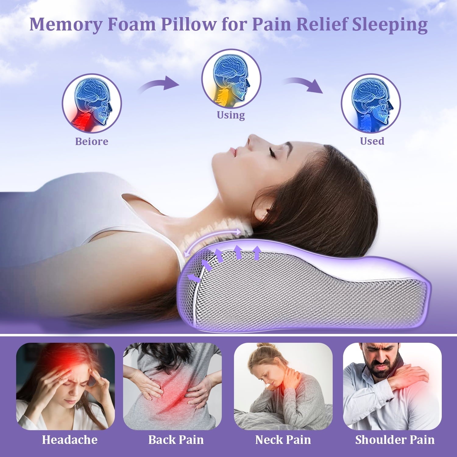 Cervical Neck Pillow for Neck Pain Relief, Ergonomic Memory Foam Pillow Bed Pillows for Body Side Back Stomach Sleepi...