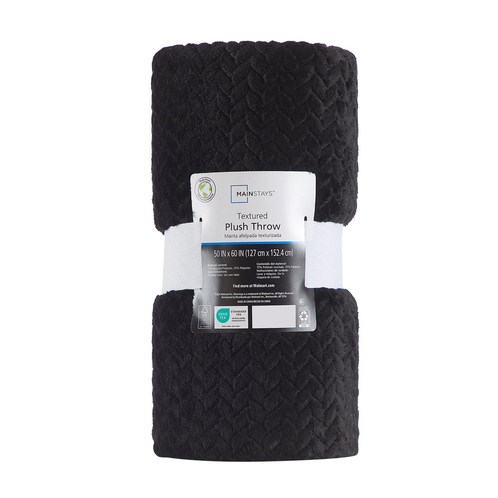 Cozy Textured Plush Throw Blanket, Black, 50"x60" All Ages