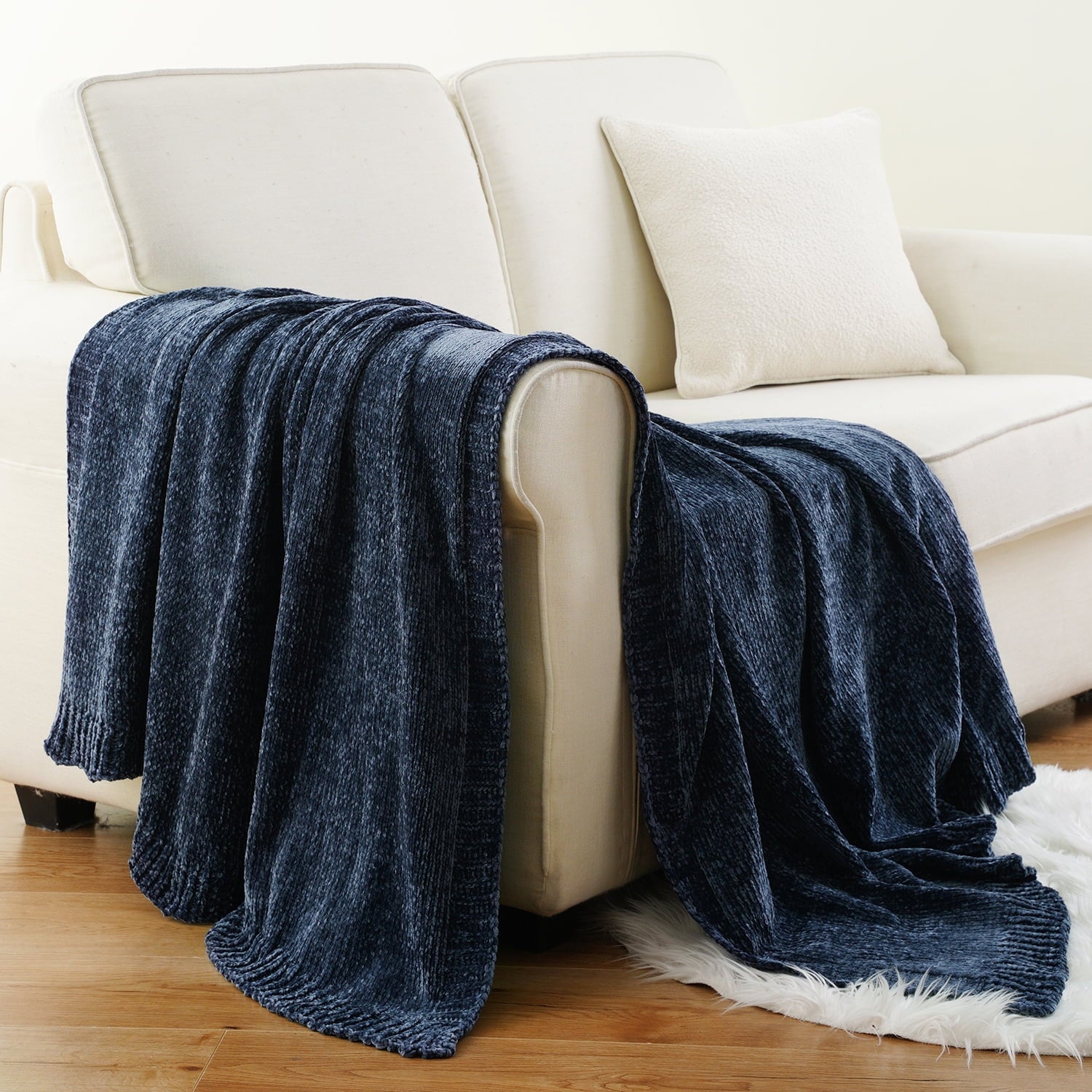 Navy Blue Chenille Throw for Couch Bed,Soft Navy Knit Blanket, Housewarming Gifts, 51"x 67"