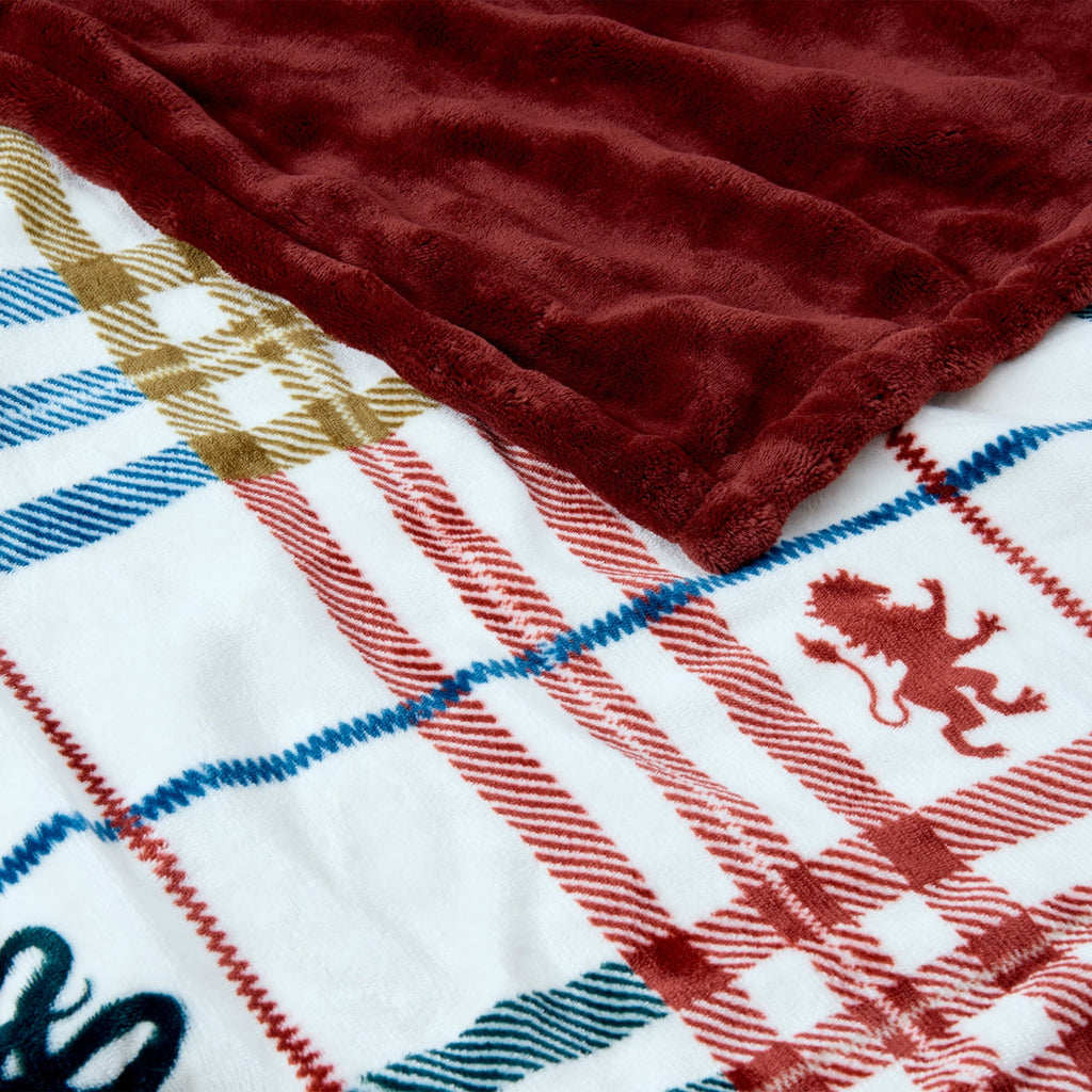 Academic Plaid Tartan Crest with Faux Leather Patch and Milky Mink Reverse Throw, 60x70 inches