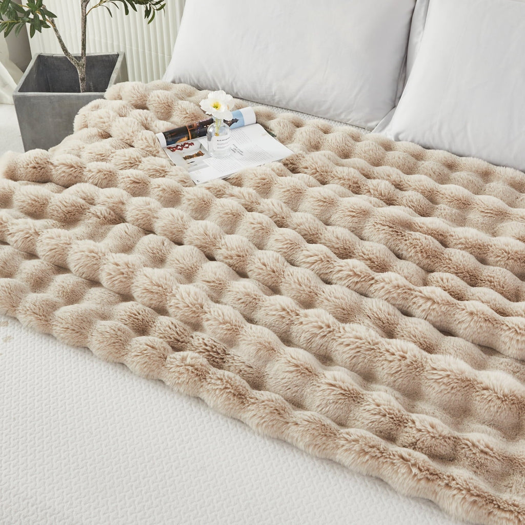 Taupe Faux Fur Bubble Blankets for Couch Chair Sofa Luxury Fluffy Thick Bubble Throw Blanket Furry Blanket Fuzzy Soft...