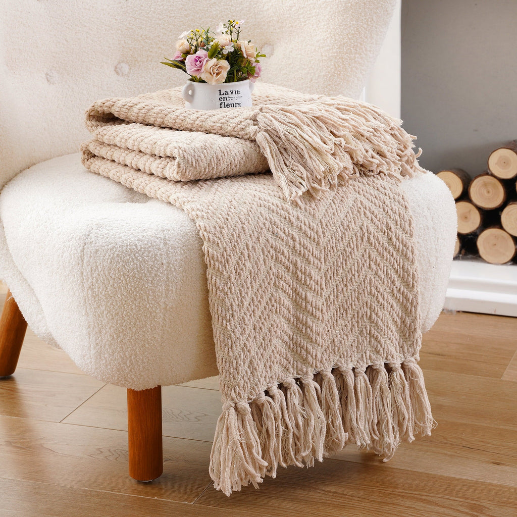 Beige Throw Blanket,Textured Knitted Tan Throws with Tassels,Neutral Sofa Bed Throws,50"x60"