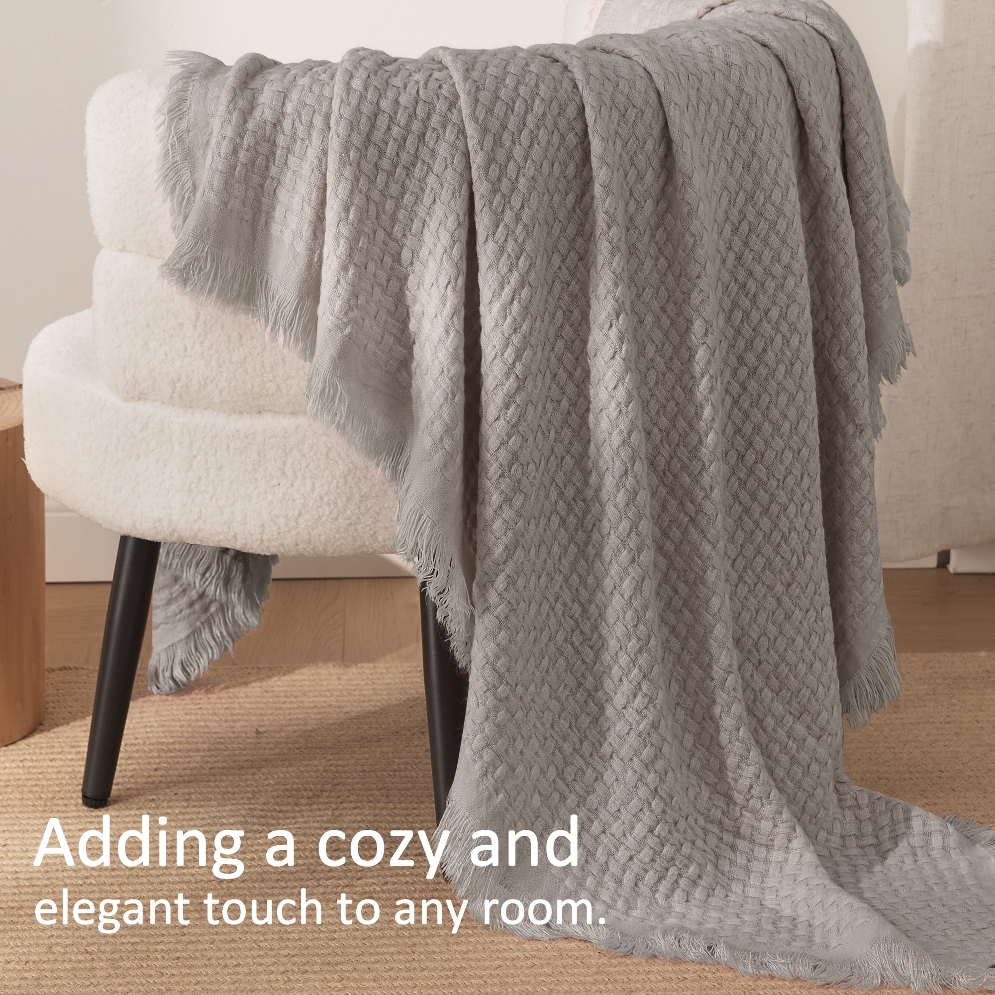 Knitted Throw Blanket with Fringes for Couch, Soft and Warm Textured Throw for All Season, Lightweight Breathable Roo...