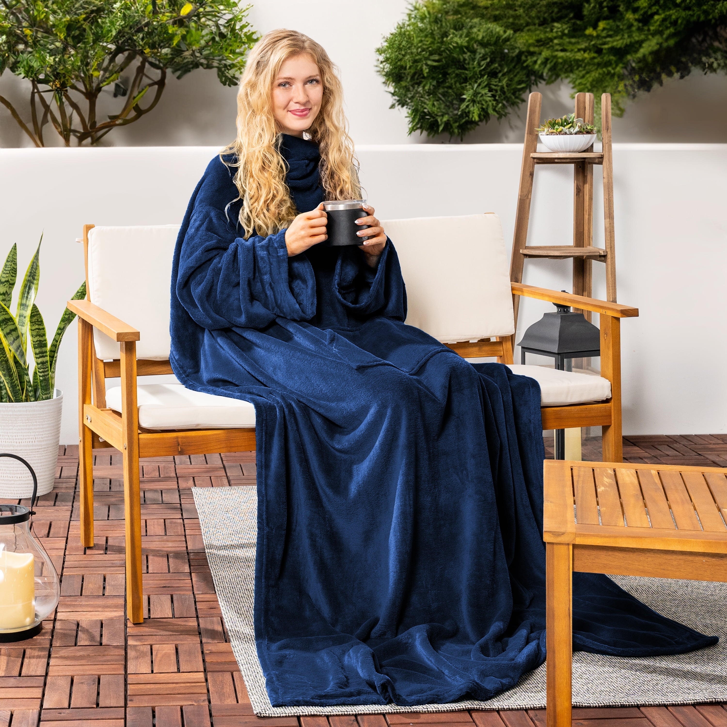 Navy Blue Fleece Wearable Blanket with Sleeves for Adults Women Men, Soft Warm Full Body Wrap Throw, Sweatshirt Pocke...