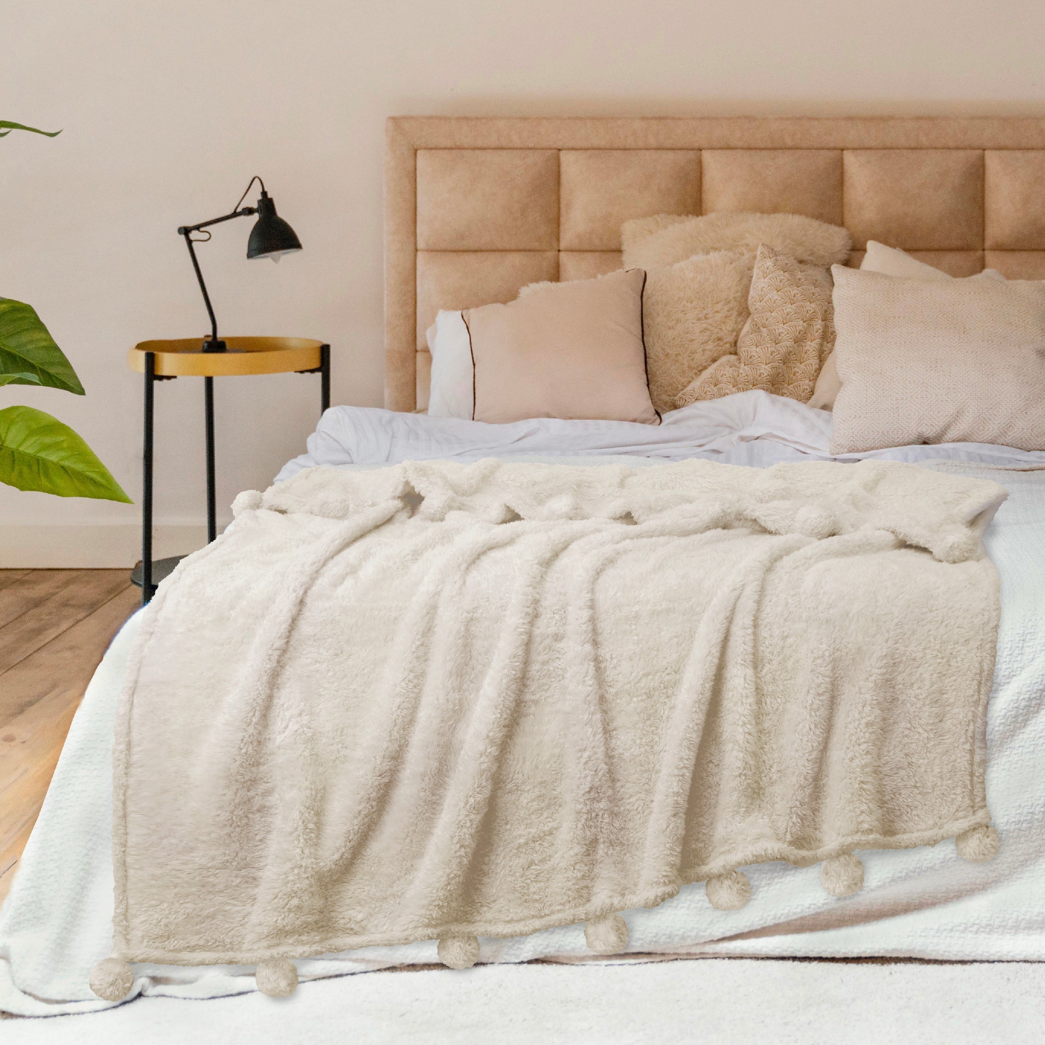 Ivory Cream Sherpa Throw Blanket with Soft Pom Pom Fringe, Plush Cozy Warm Blankets for Couch Bed Sofa, Fuzzy Fleece ...