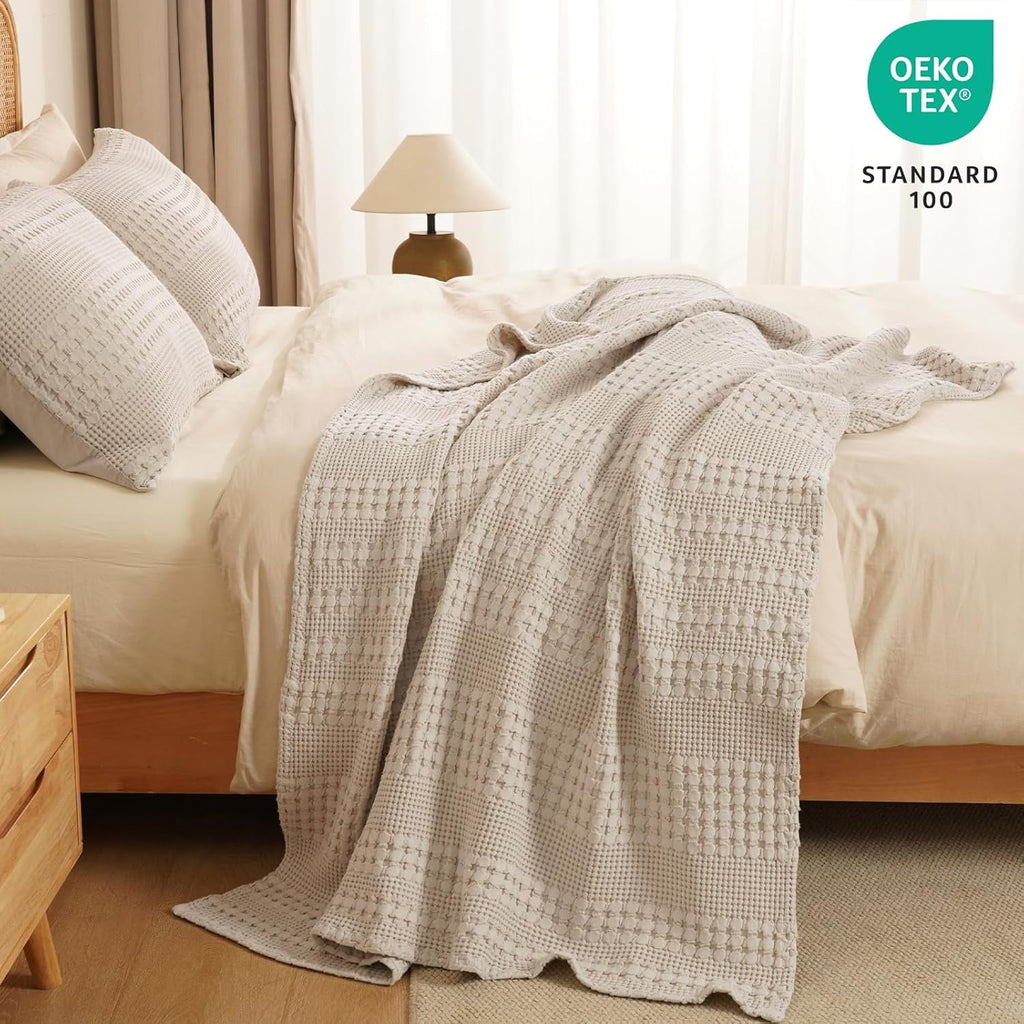 100% Cotton Waffle Weave Blanket, Lightweight Throw Washed Blanket for Bed Sofa Home Decor, Oatmeal, 50"x60"