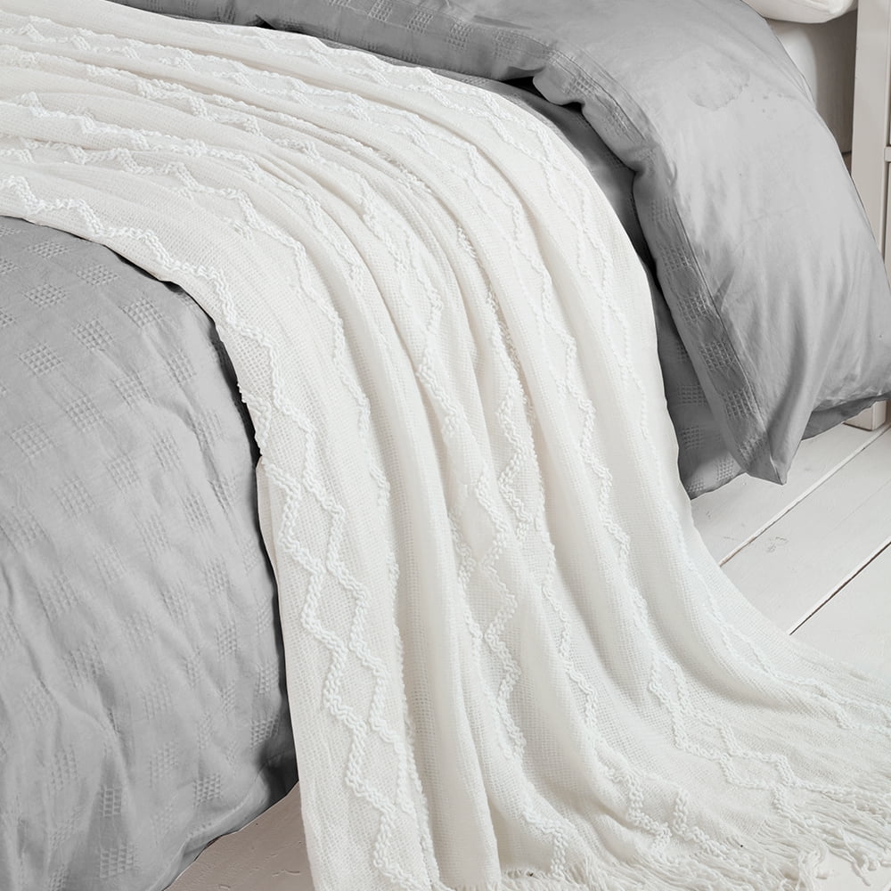 Fluffy Chenille Knitted Fringe Throw Blanket, Lightweight Soft Cozy Bed Sofa Chair Blanket, White, 50" x 60"