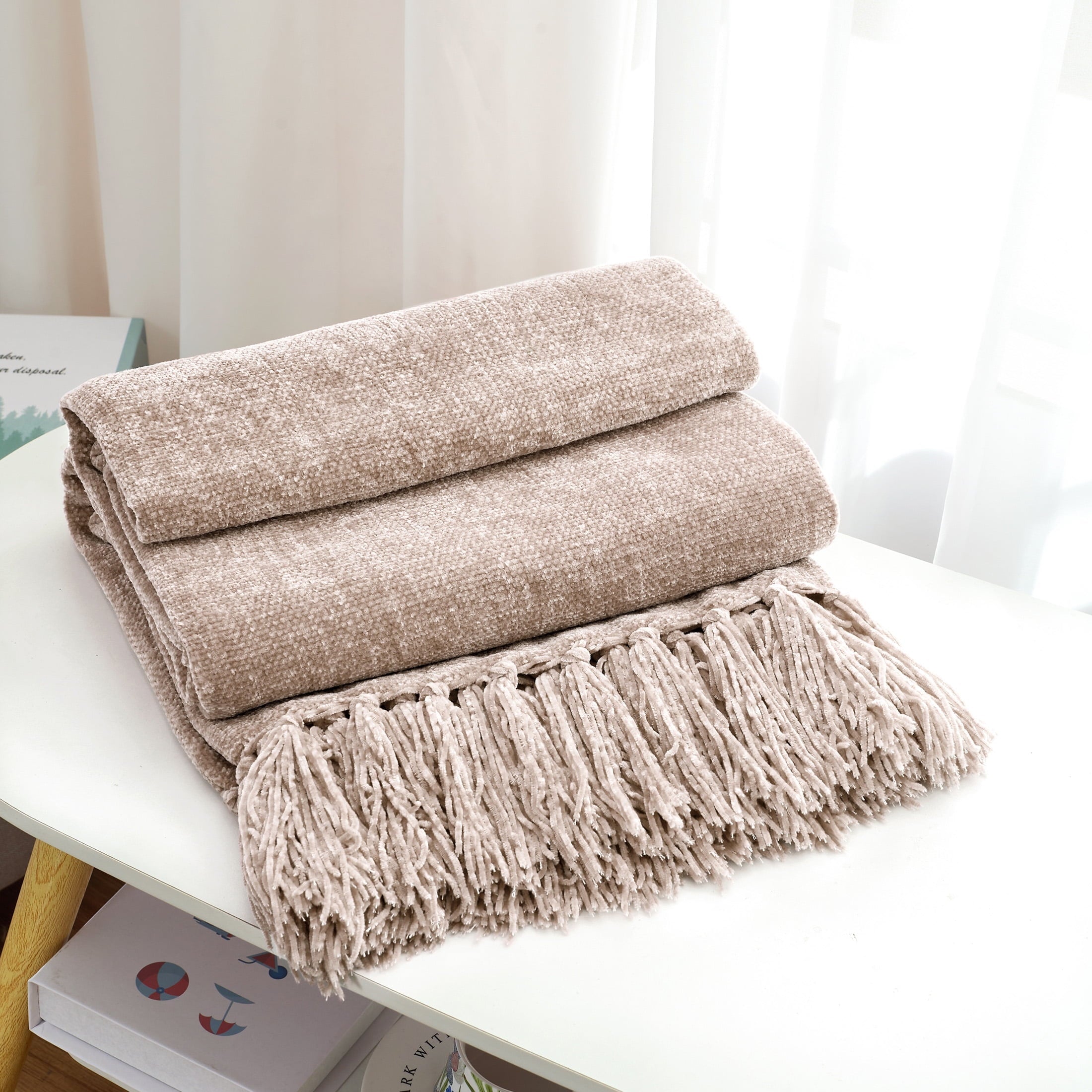 Chenille Throw Blanket with Fringe Tassel for Couch Sofa Chair Bed, Taupe 50" X 60"