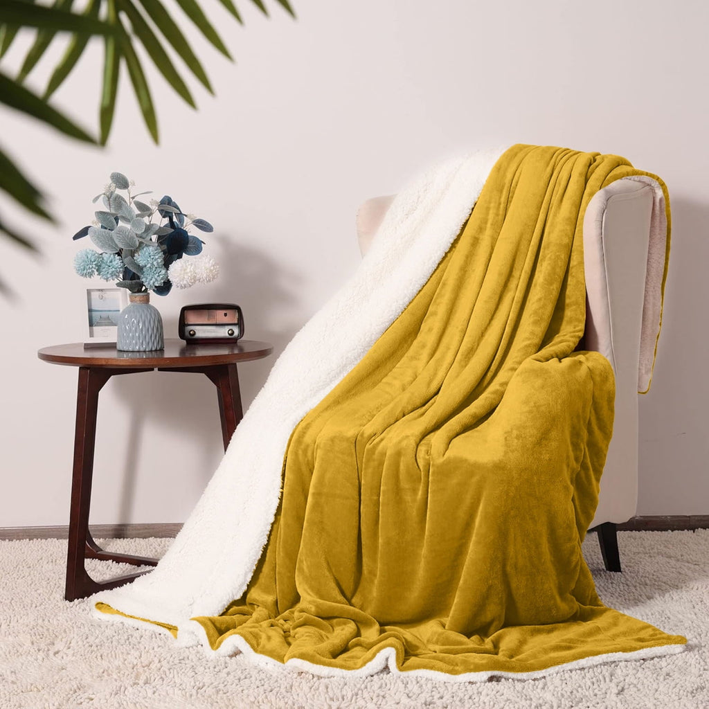 Moonlight20015 Sherpa Blanket Fluffy Plush Couch & Travel Blanket Reversible Throw Size Ochre Color