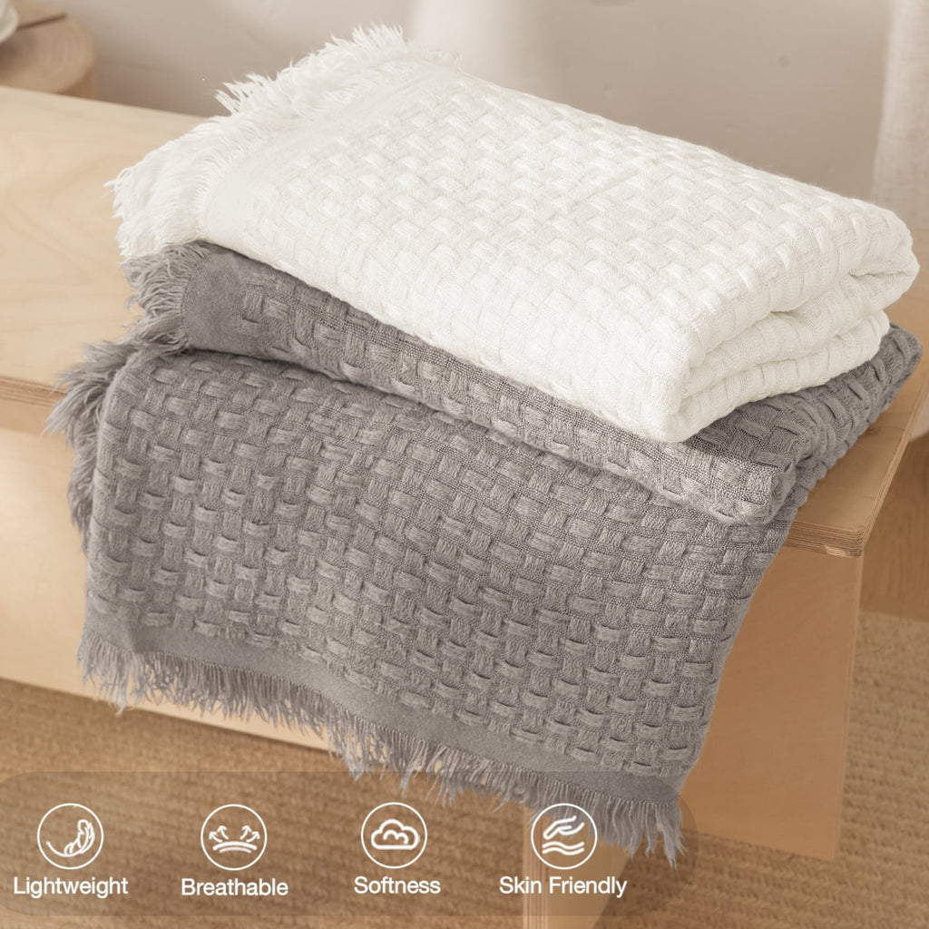 Knitted Throw Blanket with Fringes for Couch, Soft and Warm Textured Throw for All Season, Lightweight Breathable Roo...