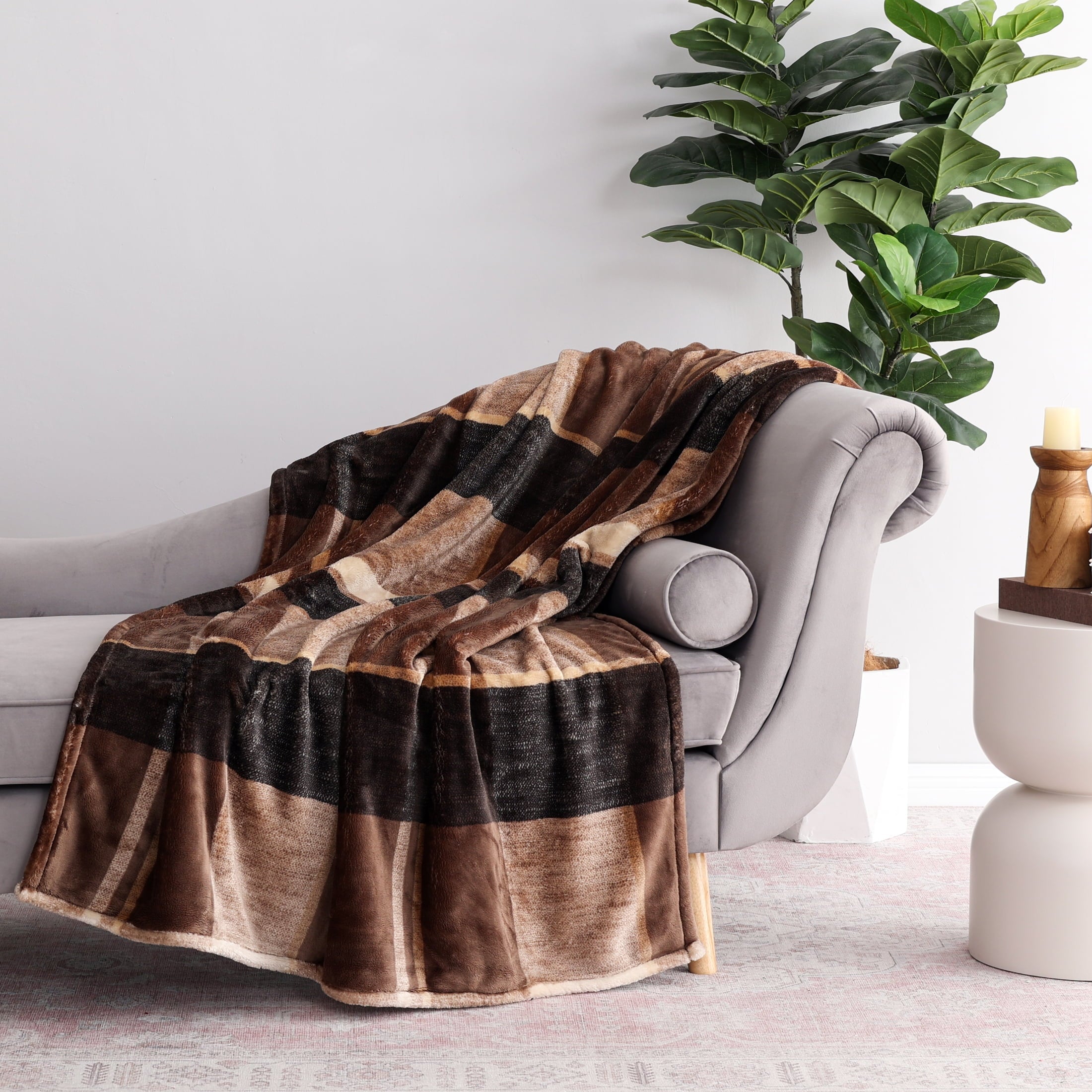 Printed Velvet Plush Super Soft Throw Blanket, Oversized, Shelton Brown Plaid