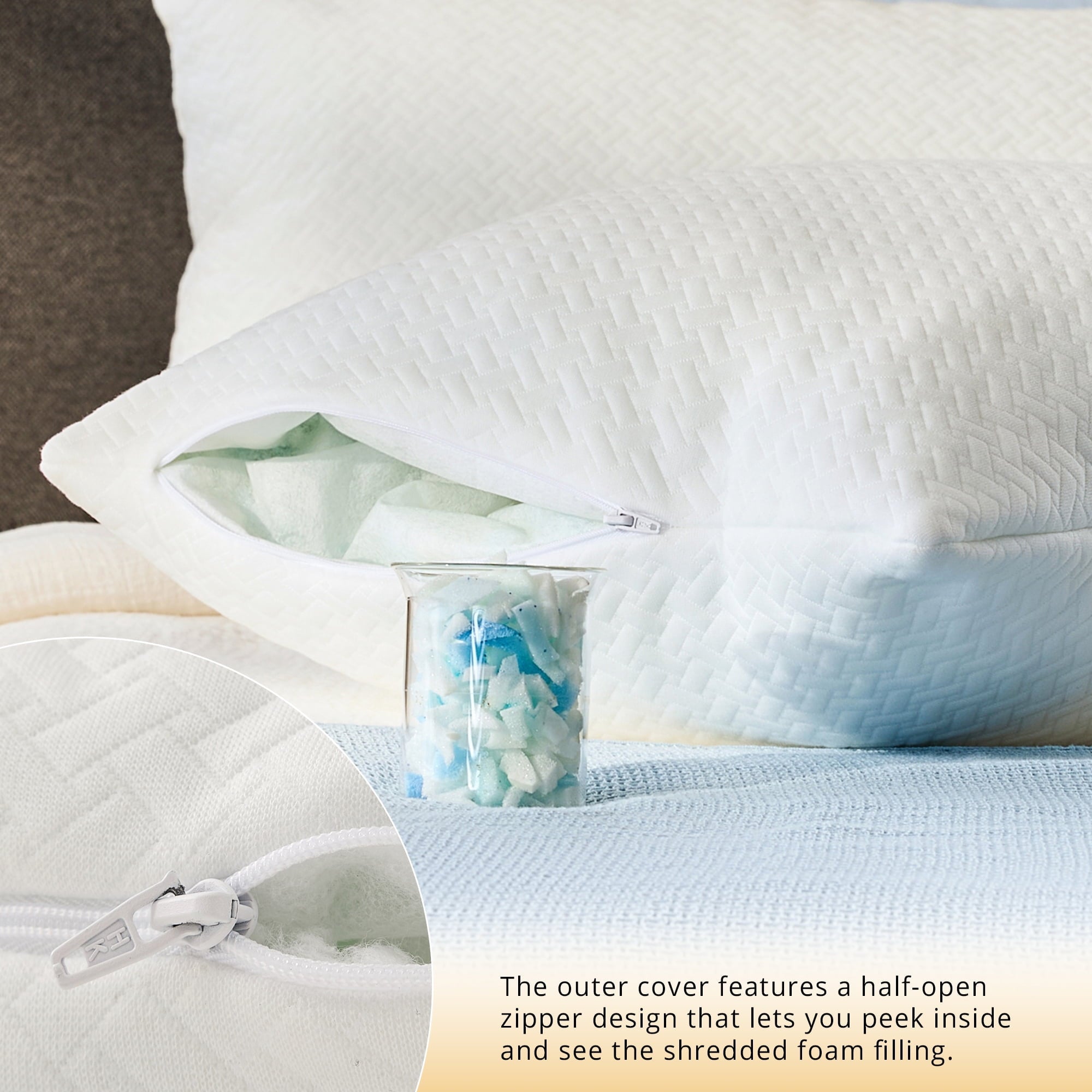 2 Pack Bed Pillow, Shredded Gel Memory Foam Pillow, Standard Queen, Medium, Made in USA