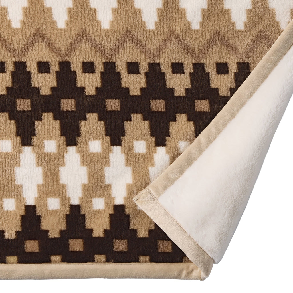 Printed Velvet Plush Reverse to Faux Fur Super Soft Throw Blanket, Oversized, Linder Border Beige