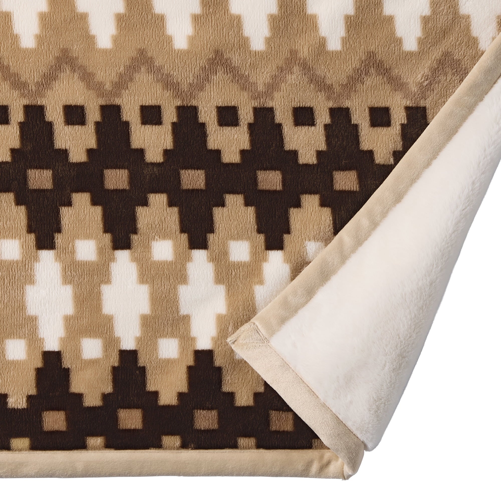 Printed Velvet Plush Reverse to Faux Fur Super Soft Throw Blanket, Oversized, Linder Border Beige