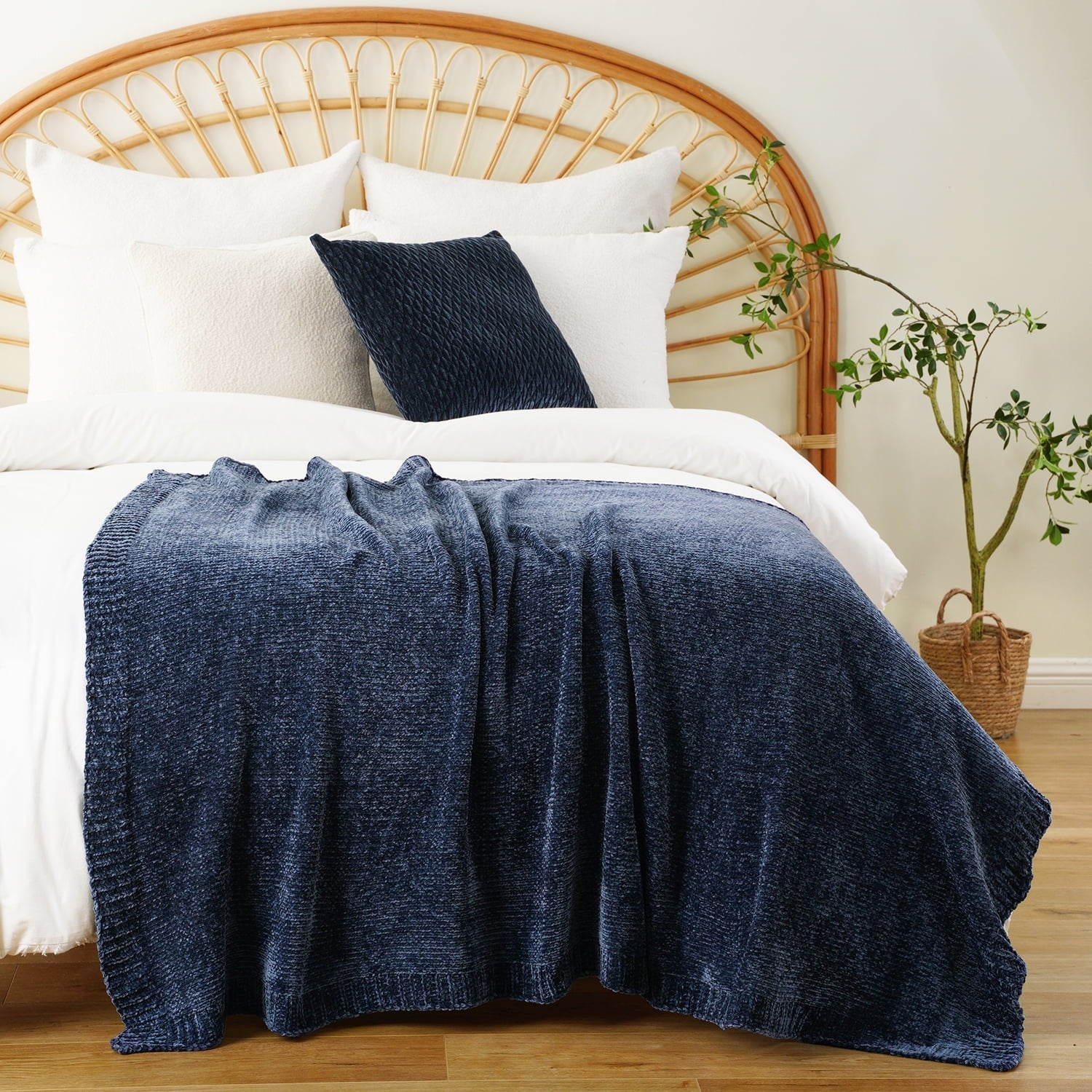 Navy Blue Chenille Throw for Couch Bed,Soft Navy Knit Blanket, Housewarming Gifts, 51"x 67"