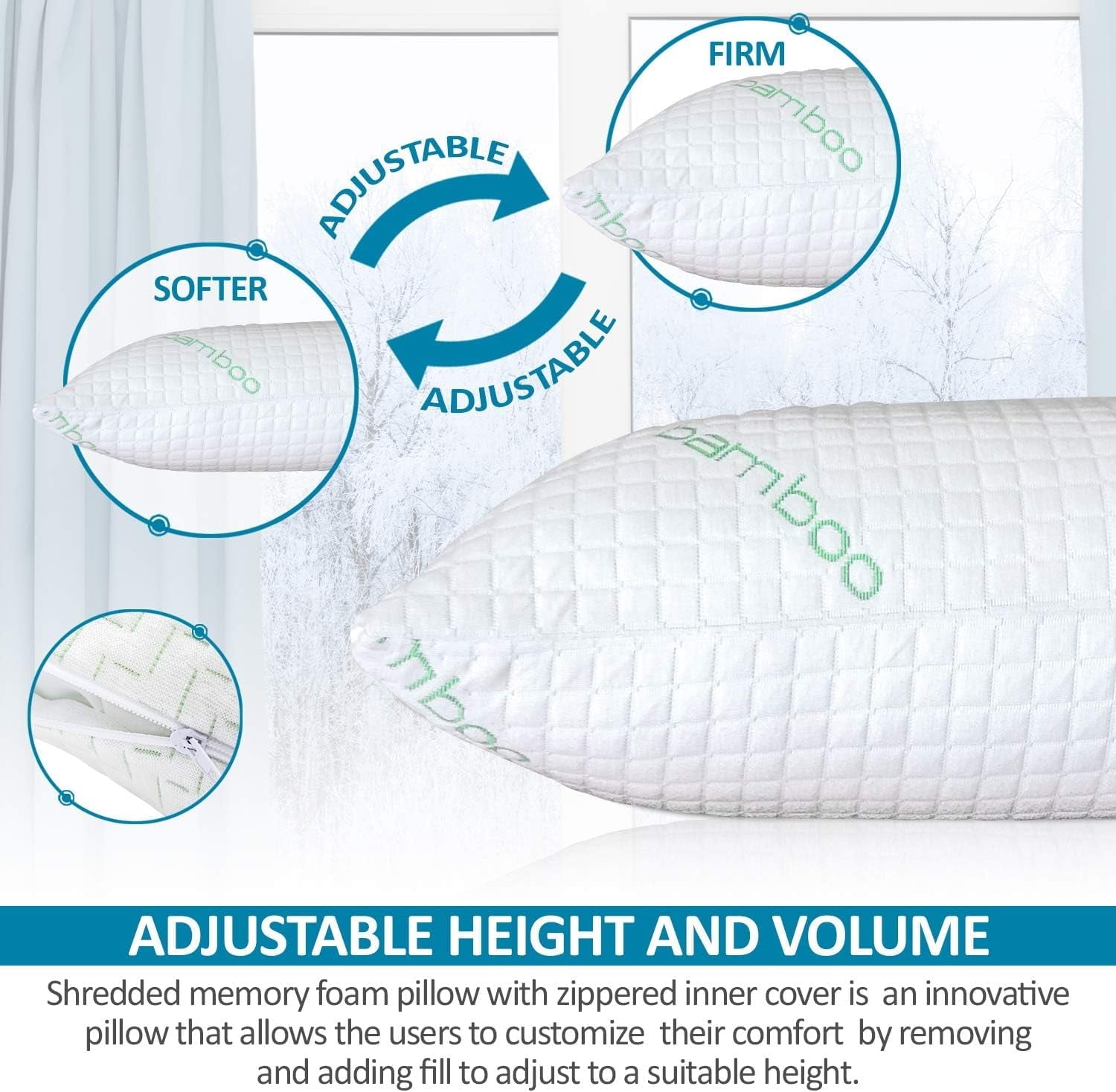 Queen Size Bamboo Pillow, Memory Foam Bed Pillows with Washable Pillowcases, Queen