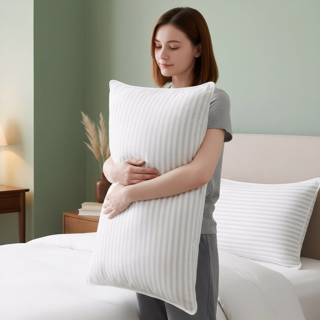 Bed Pillow with White Stripes - Set of 2 - Ultra Cozy & Relaxing For Adults, (Queen, 28"L x 20" W)