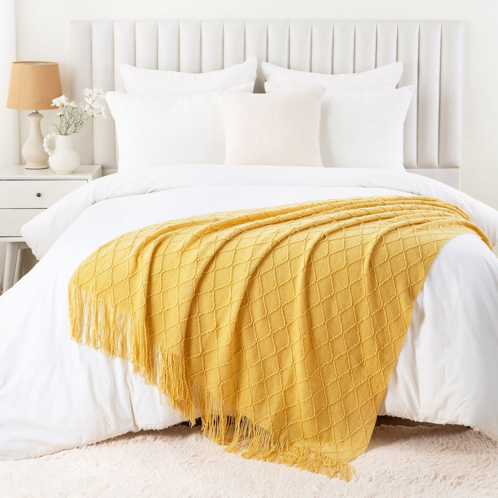Mustard Throw Blanket for Couch,Gold Yellow Knit Throw with Fringe,Outdoor Throw ,50"x60"