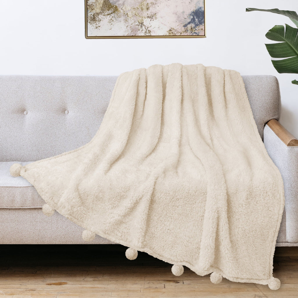 Ivory Cream Sherpa Throw Blanket with Soft Pom Pom Fringe, Plush Cozy Warm Blankets for Couch Bed Sofa, Fuzzy Fleece ...