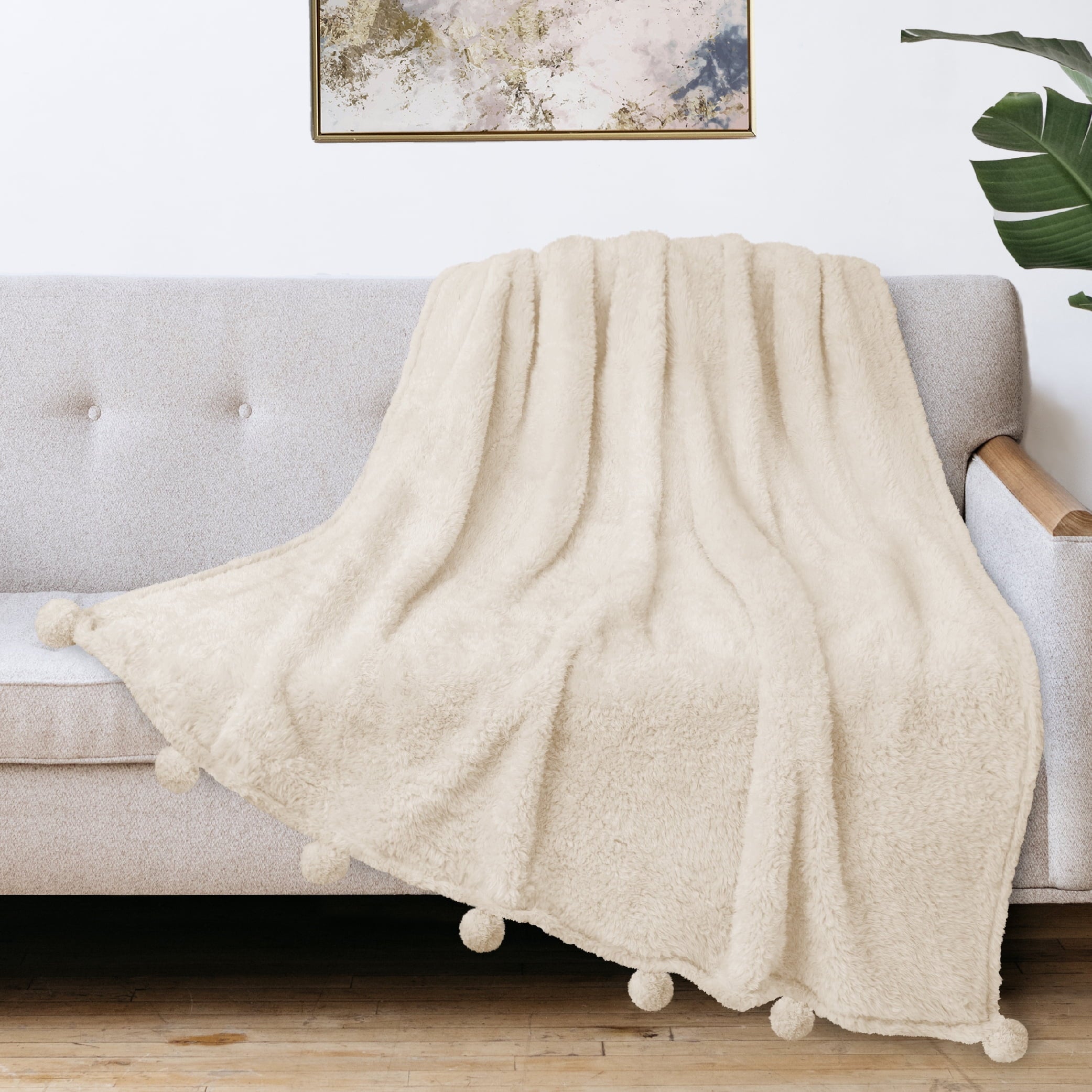 Ivory Cream Sherpa Throw Blanket with Soft Pom Pom Fringe, Plush Cozy Warm Blankets for Couch Bed Sofa, Fuzzy Fleece ...
