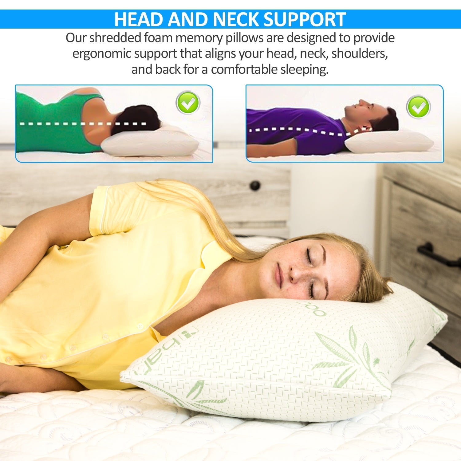 Queen Size Bamboo Pillow, Memory Foam Bed Pillows with Washable Pillowcases, Queen