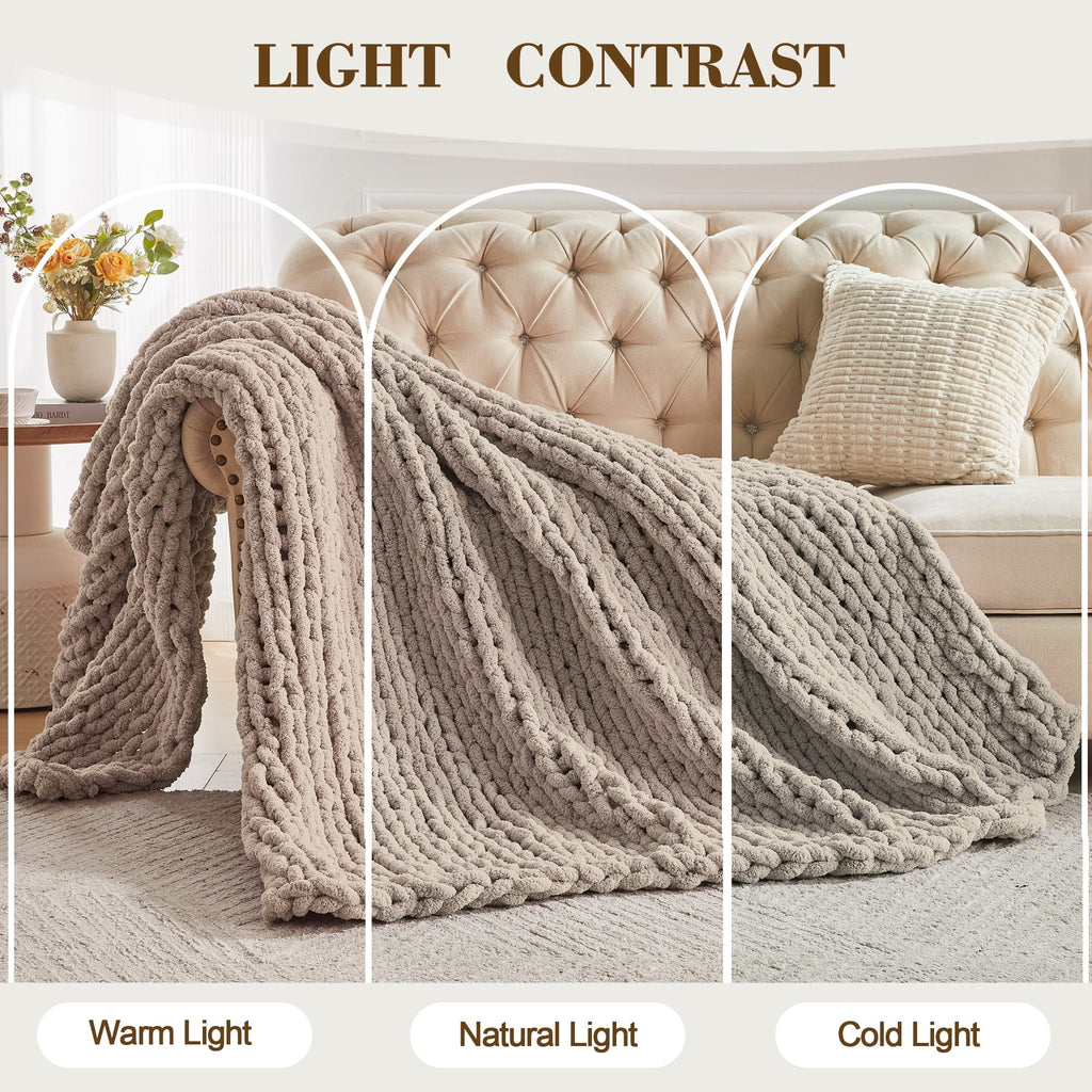 Chunky Knit Throw Blanket Handmade Soft Throws for Couch Sofa Bed, 50" x 60" Taupe
