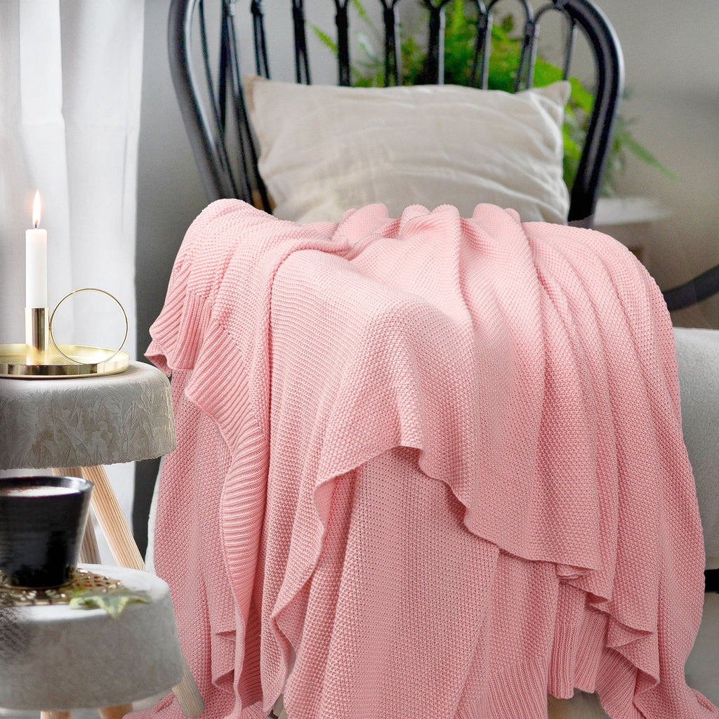 Pure Cotton Soft Cable Knit Throw Blanket Pink 50" x 70"