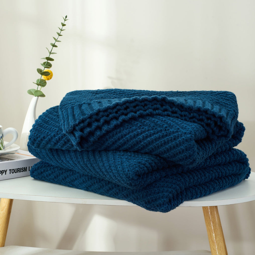Soft Knitted Throw Blanket 50" x 60" Navy Blue, Boho Chevron Farmhouse Throw for Bed Couch