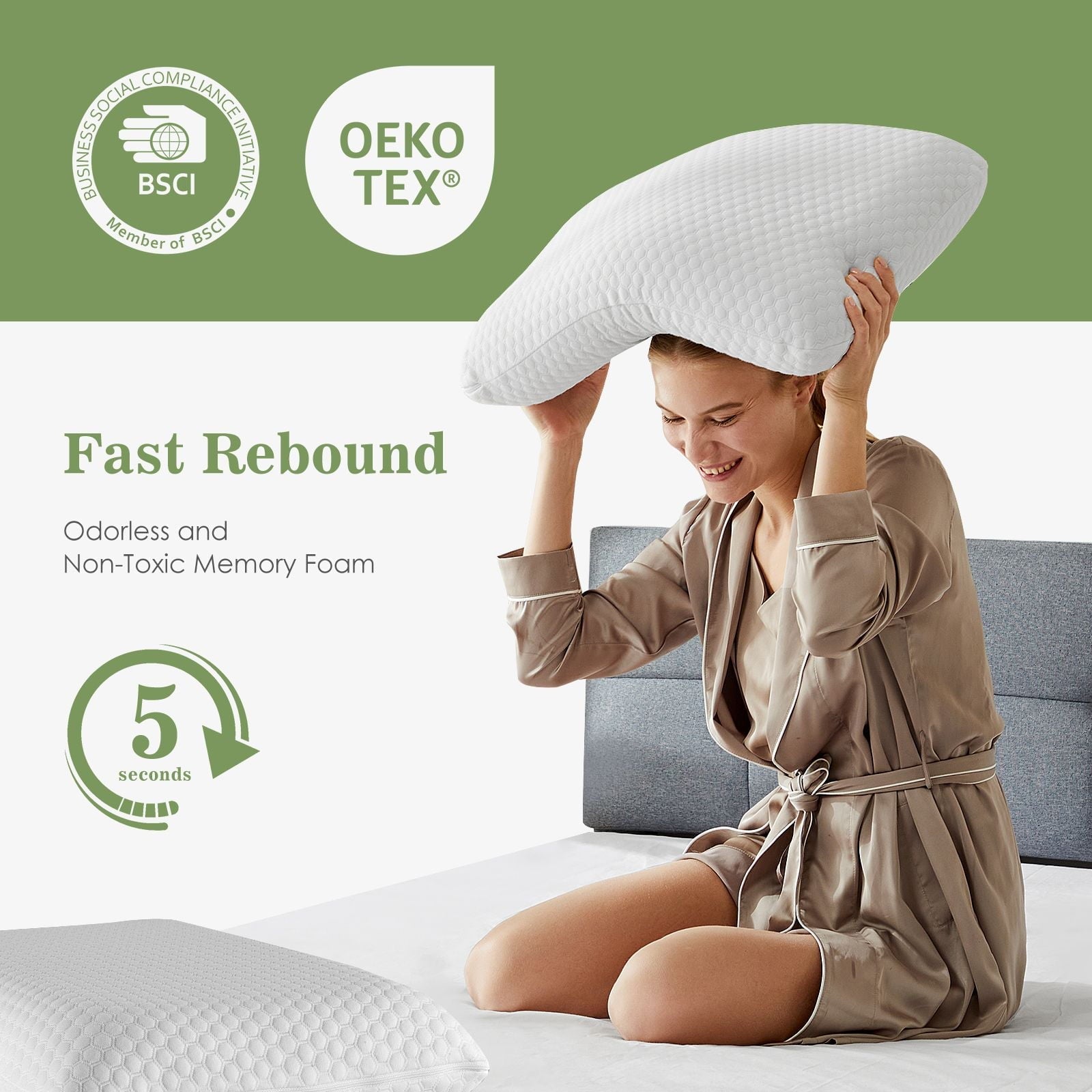 Memory Foam Pillow for Sleeping, 24"D x 16"W x 4.7"H, Soft Supportive Hotel Pillow for Bed, Washable Cover, Set of 2