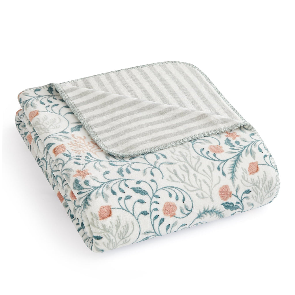 Throw Blanket, Reversible Plush Fleece Blanket for Couch, Green Seaberry Print, 50" x 72"