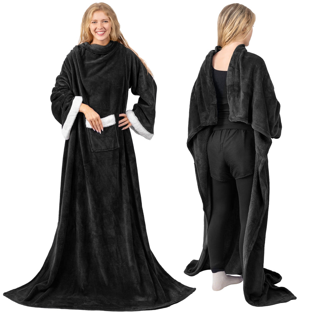 Fleece Blanket with Sleeves for Women Men Adults, Wearable Blanket Warm Soft Plush, Snuggle Pocket Sleeved TV Throw W...