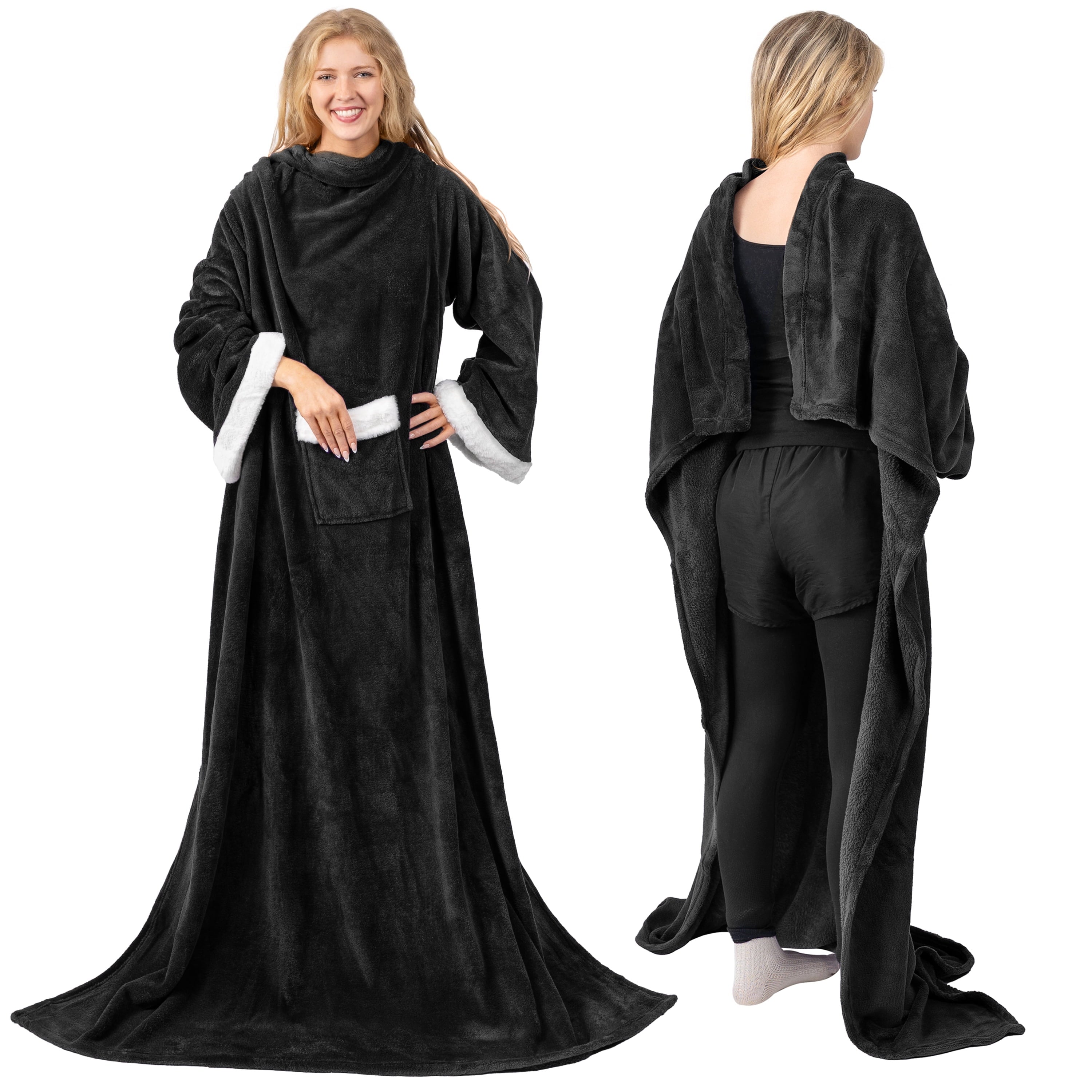Fleece Blanket with Sleeves for Women Men Adults, Wearable Blanket Warm Soft Plush, Snuggle Pocket Sleeved TV Throw W...