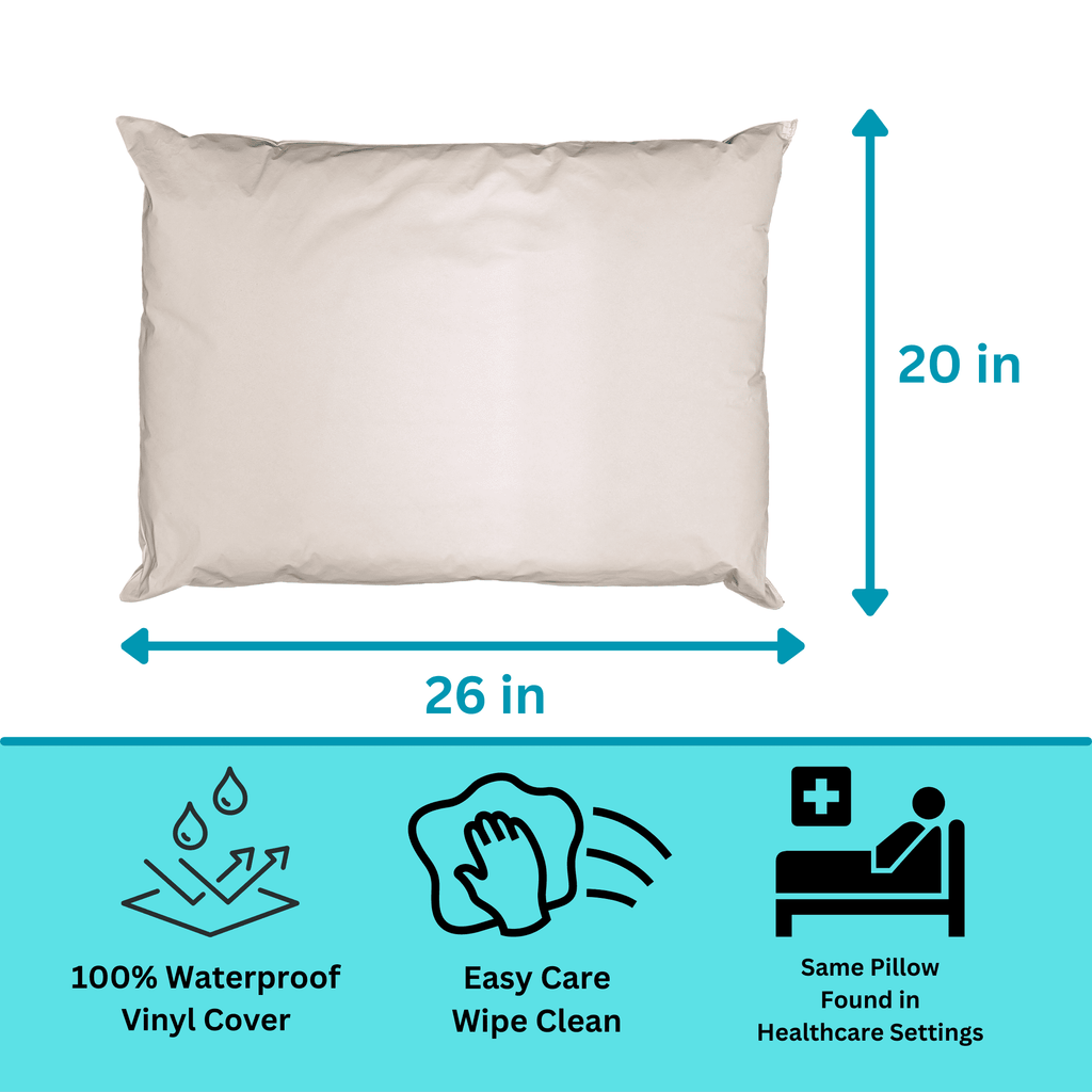 2 Pack MediCheck White Vinyl Covered Bed Pillows 20 in x 26 in - Wipeable Easy Clean - Soft Low Profile Non-Fluffy Su...