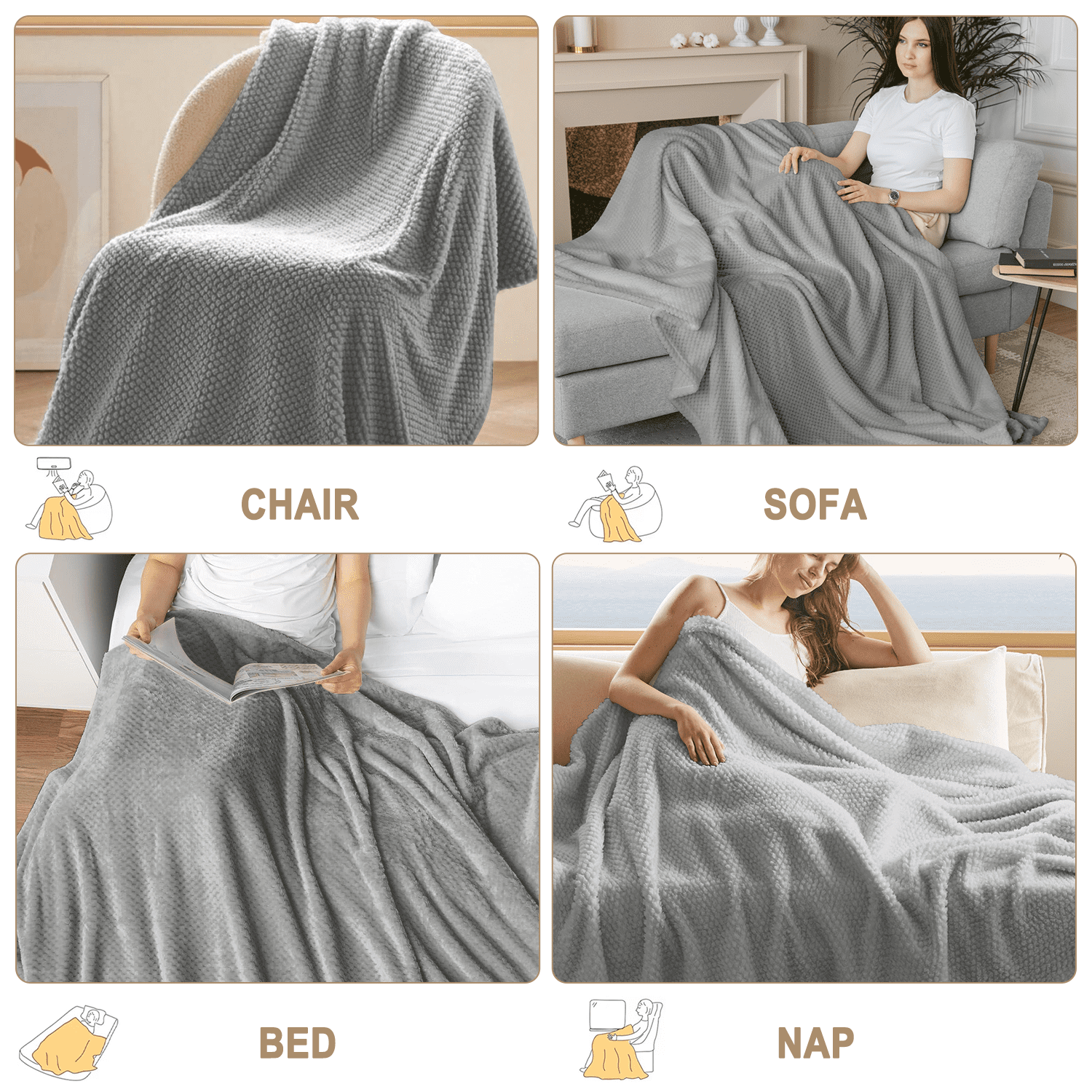 Throw Blanket, Decorative Throws with Waffle Wave Design, Super Soft Plush Fuzzy Blankets , Luxury Lightweight and Br...