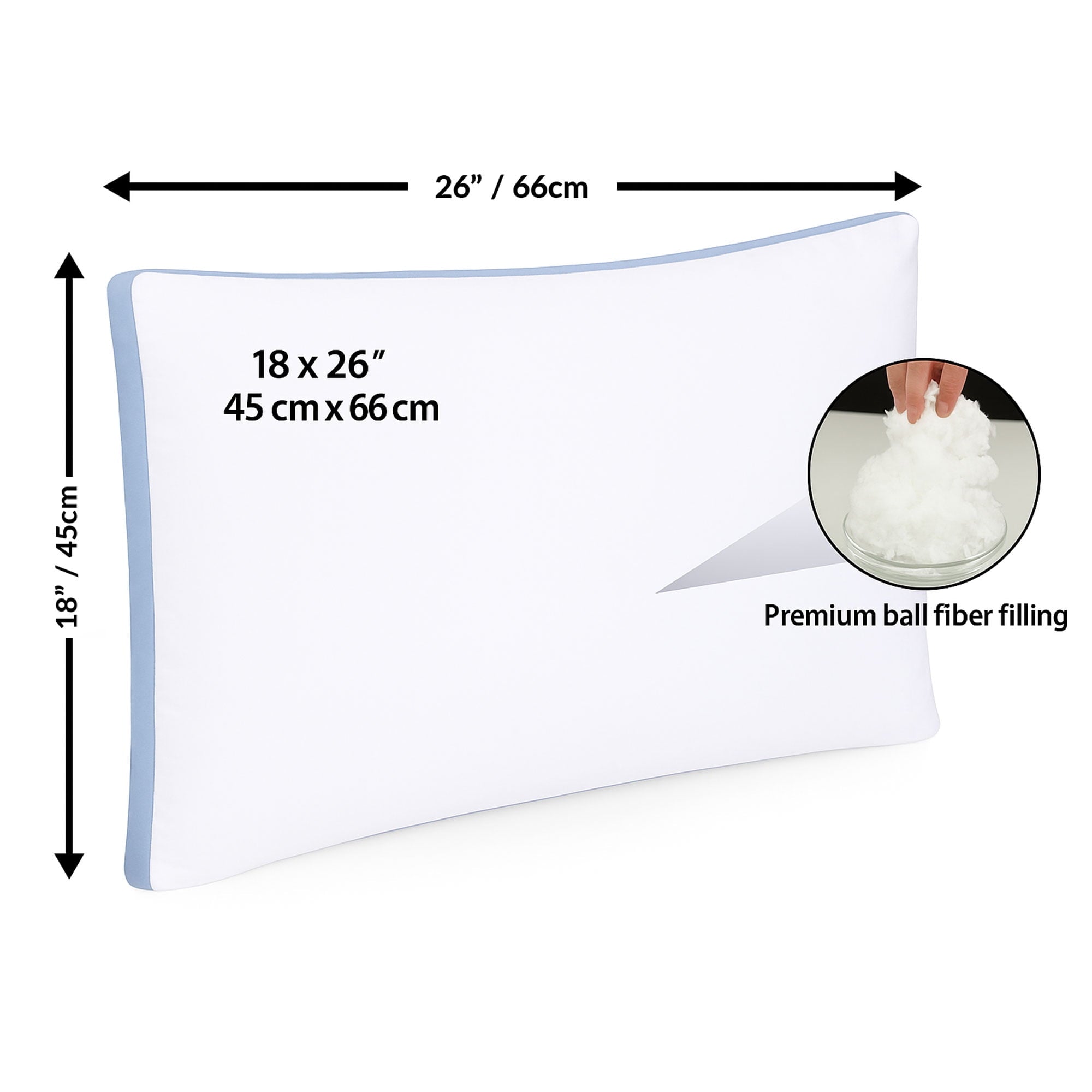 Gusseted Queen 18x26 Bed Pillows for Sleeping Set of 2 Polycotton White Blue Stripe Comfortable