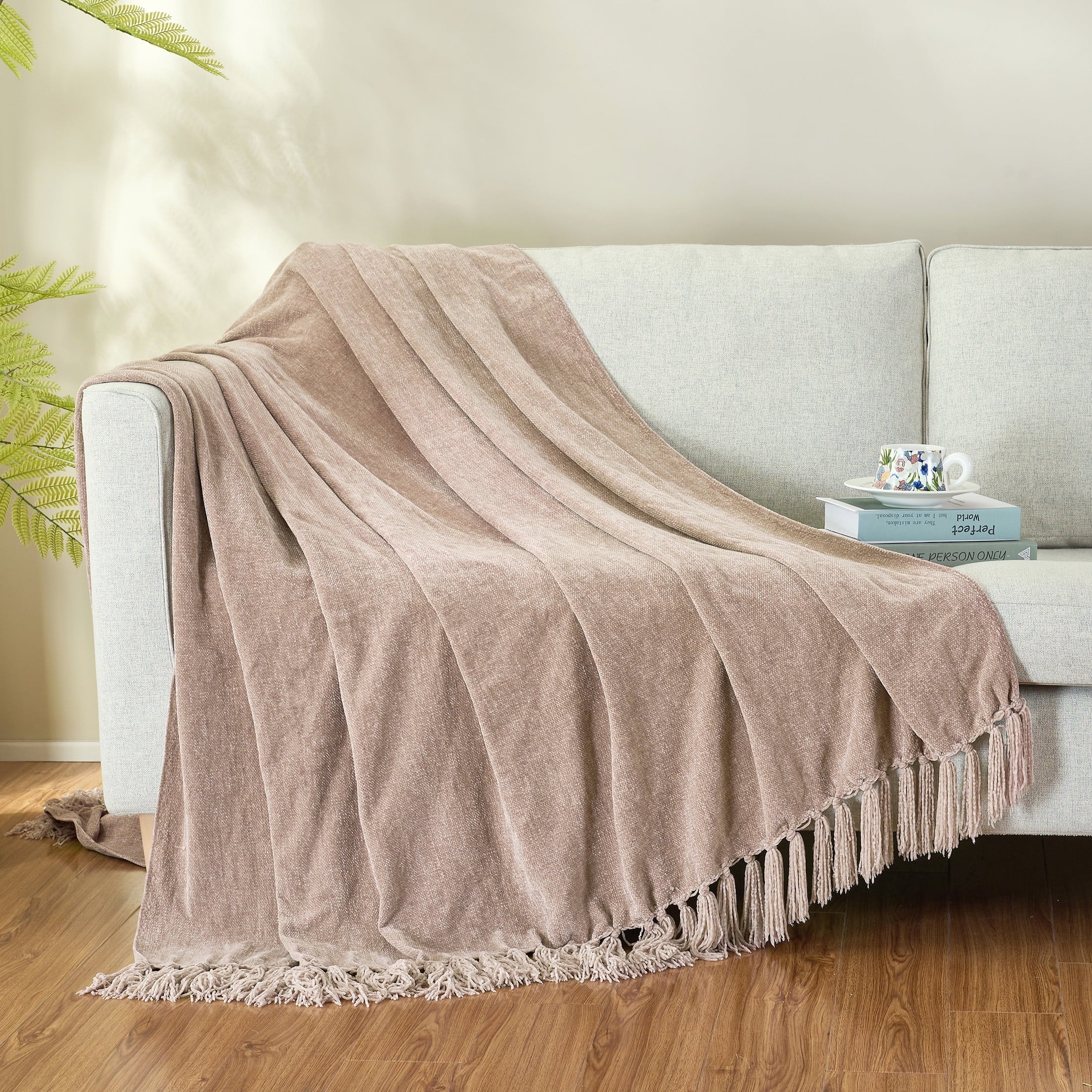 Chenille Throw Blanket with Fringe Tassel for Couch Sofa Chair Bed, Taupe 50" X 60"