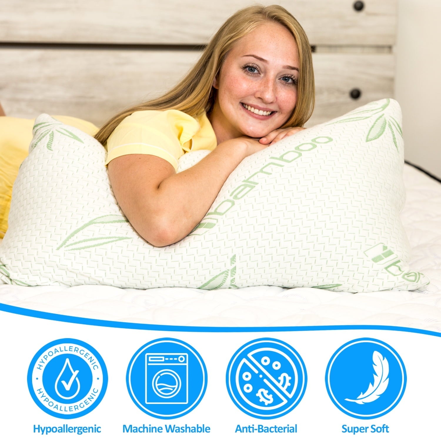 Queen Size Bamboo Pillow, Memory Foam Bed Pillows with Washable Pillowcases, Queen