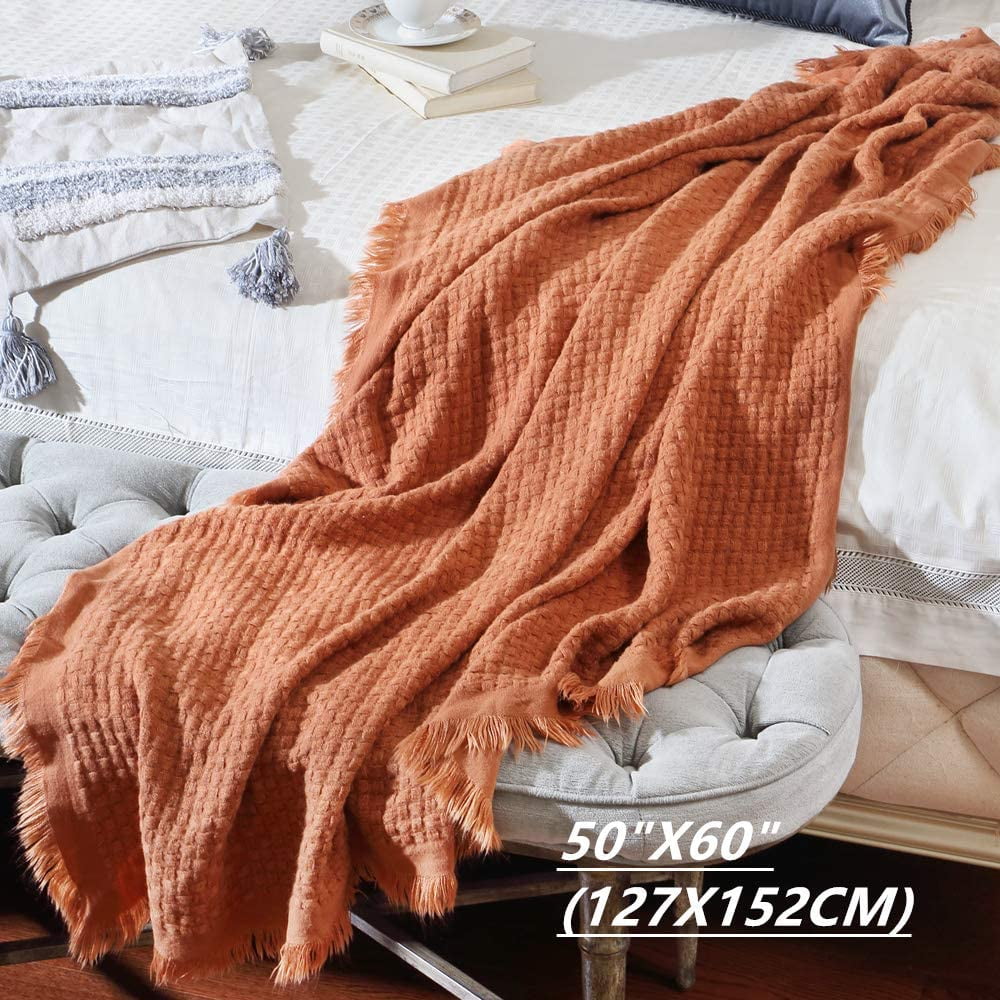 Farmhouse Rust Knit Throw Blanket for Couch Sofa Chair Bed Home Decoration, Soft Warm Cozy Light Weight for Spring Su...