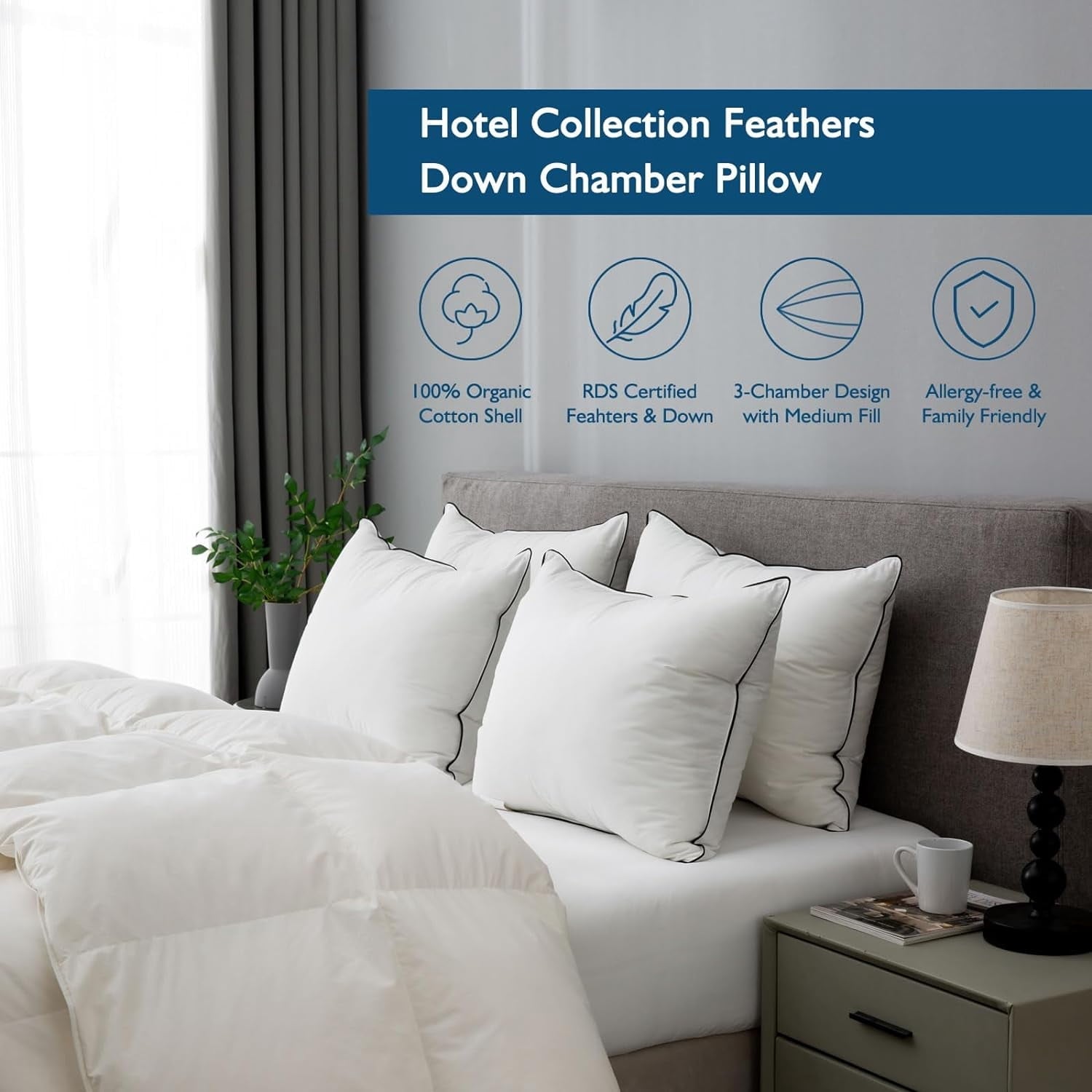Hypoallergenic 3‑Chamber Goose Feather Down Core Bed Pillows, Standard Size Set of 2, With Microfiber Surround, Soft-...